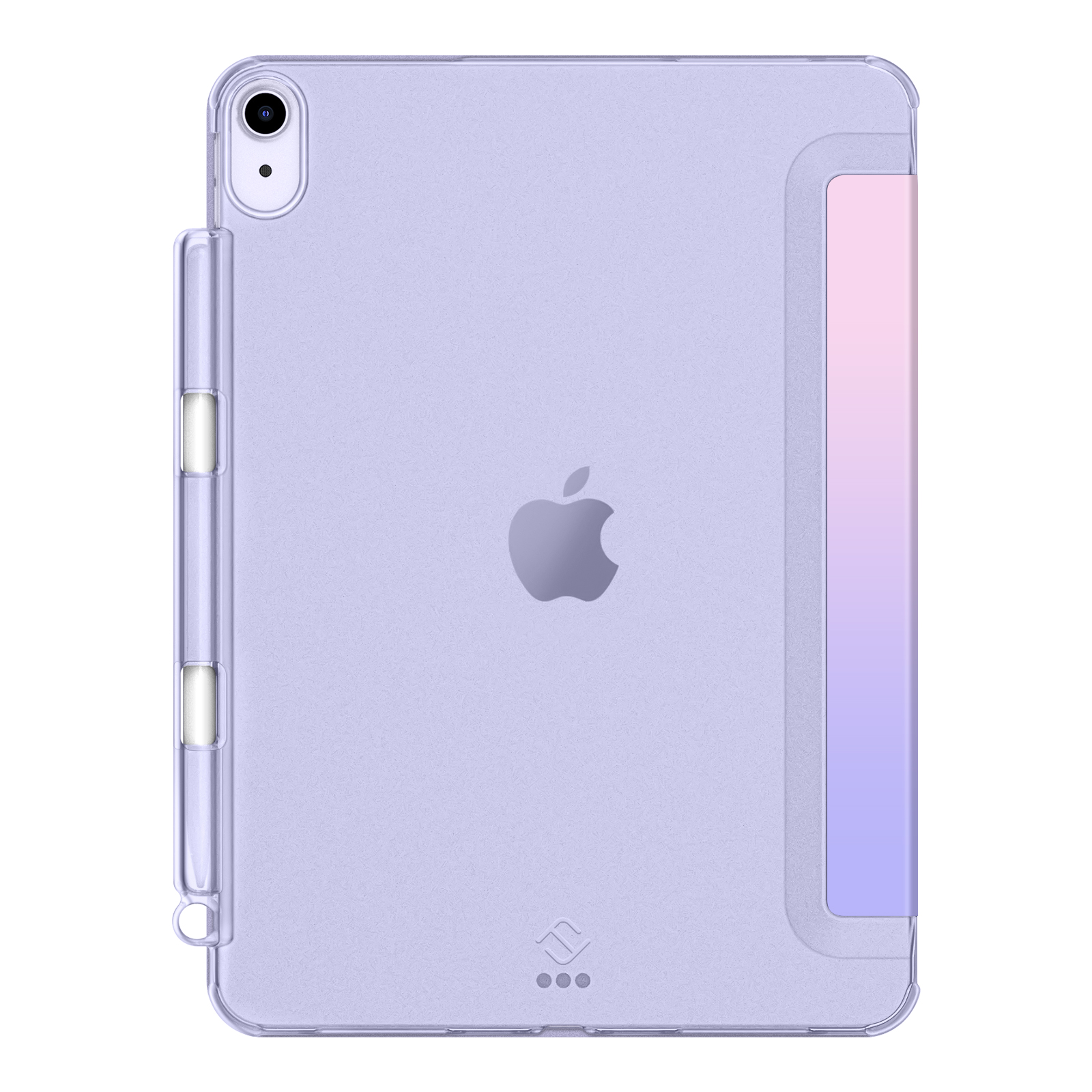 Fliederfarbenes iPad mit transparenter Hülle. Mit Kamera, Apple-Logo und farbigem Verlauf. Enthält einen Stifthalter.