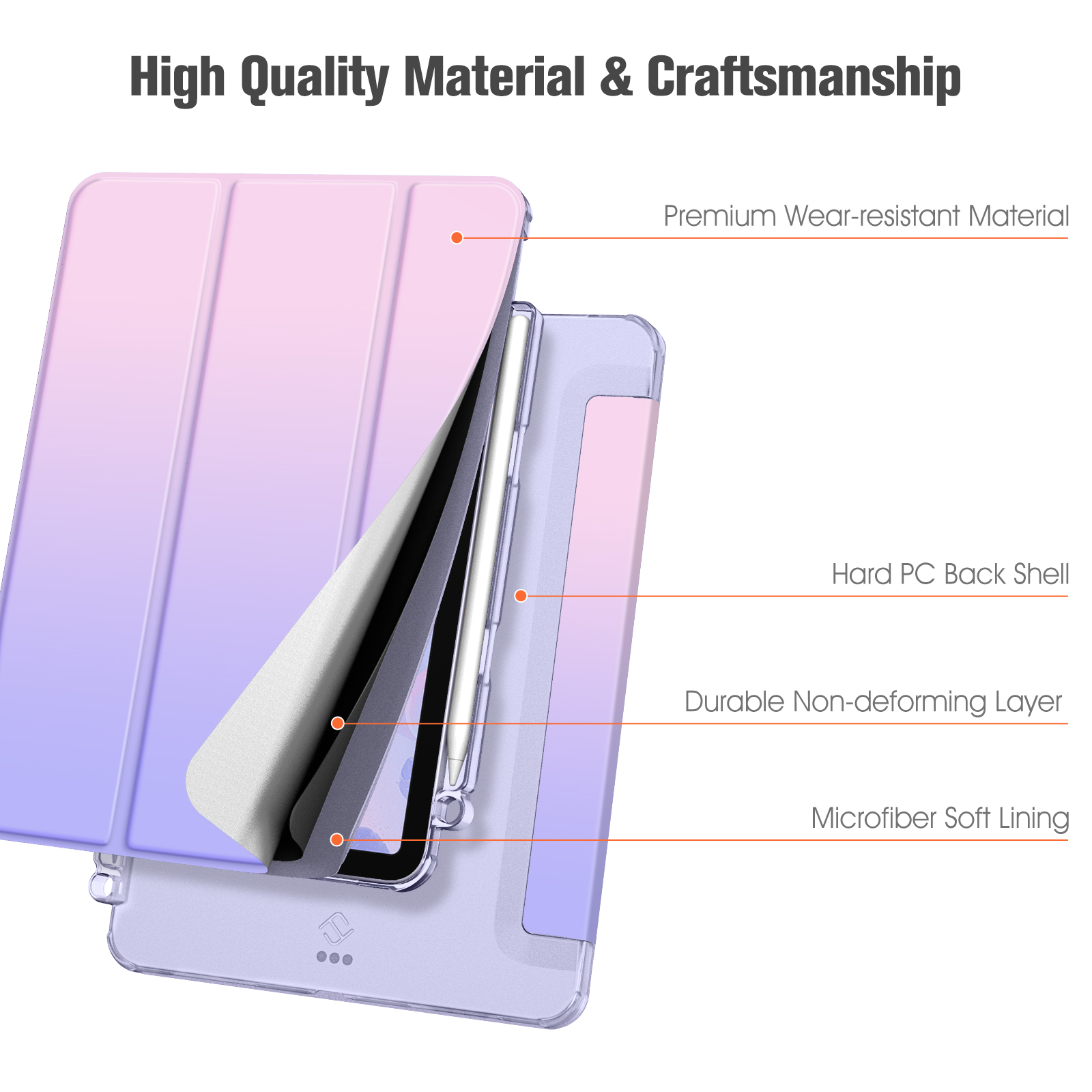 Diagramm einer Tablet-Hülle. Hauptmerkmale: verschleißfestes Material, harte Rückschale, verformungsfreie Schicht, Mikrofaserfutter.