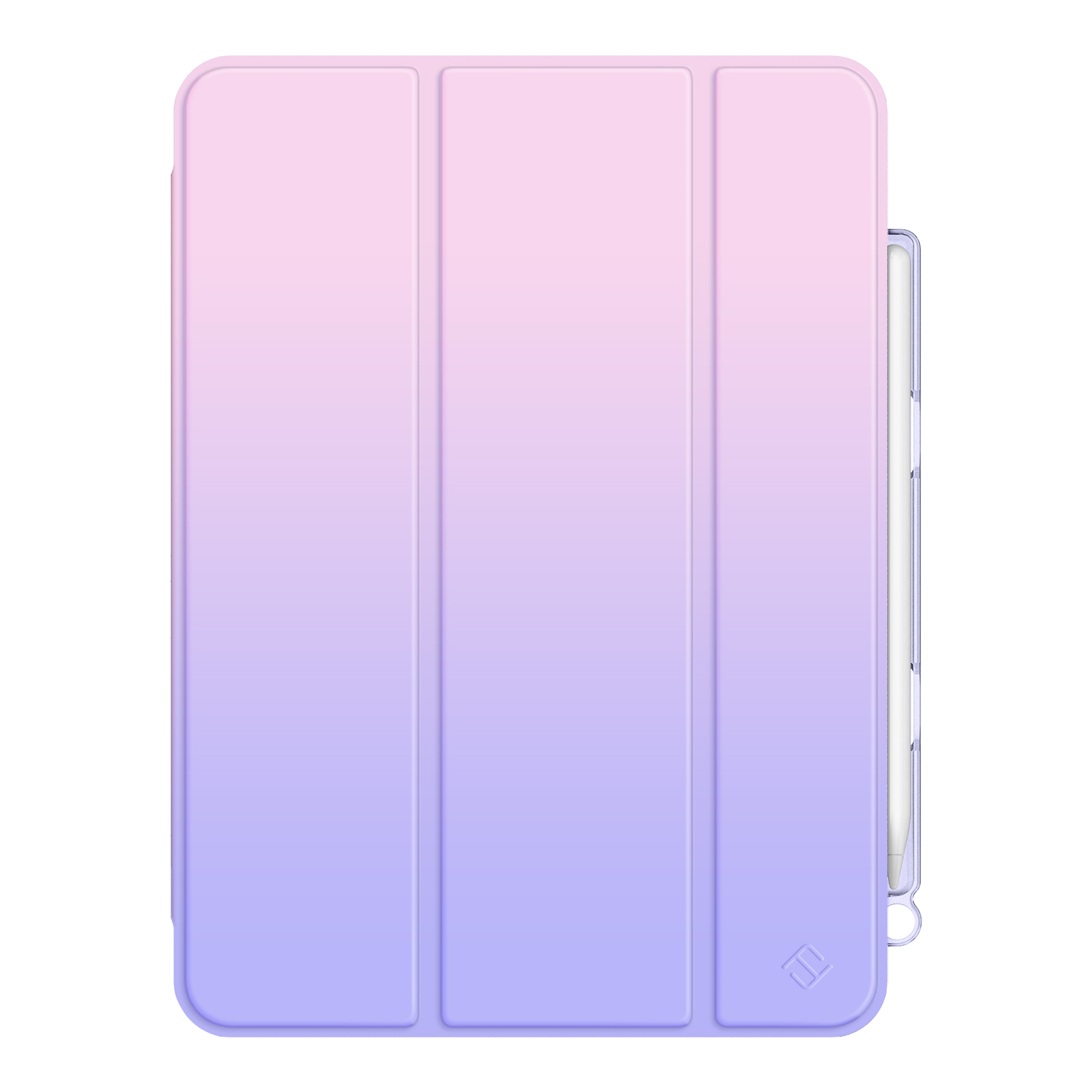 Eine Tablet-Hülle mit einem Farbverlauf von Rosa nach Lila. Rechts befindet sich ein klarer Stifthalter.
