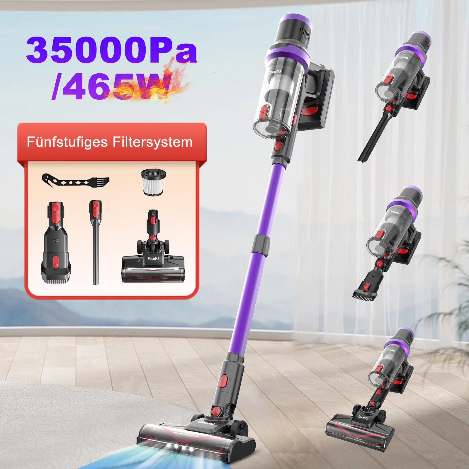 Un aspirateur VacniQ violet et noir sur un plancher en bois. Têtes supplémentaires et spécifications sont montrées dans l'image.