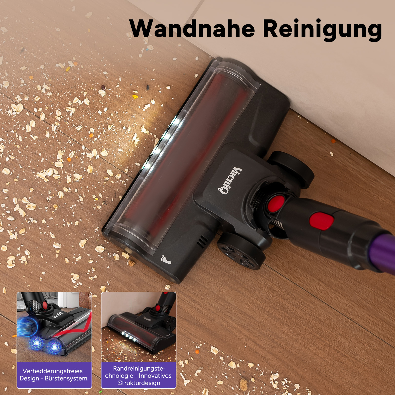 Un aspirateur noir nettoie un plancher en bois couvert de débris. La tête de l'aspirateur est près du mur.