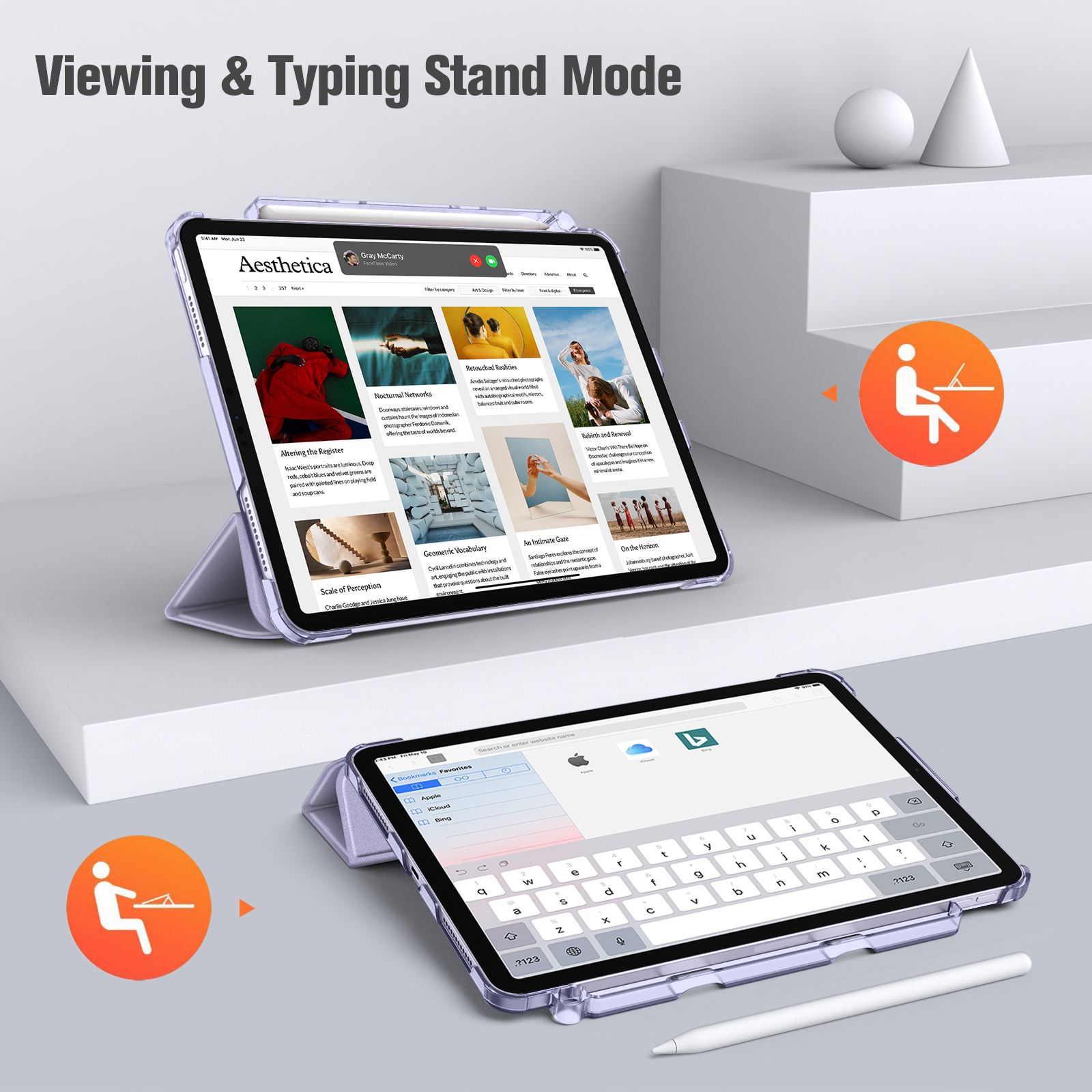 Tablets im Standmodus, eines zeigt eine Webseite. Ein Stift und orangefarbene Symbole sind ebenfalls sichtbar.