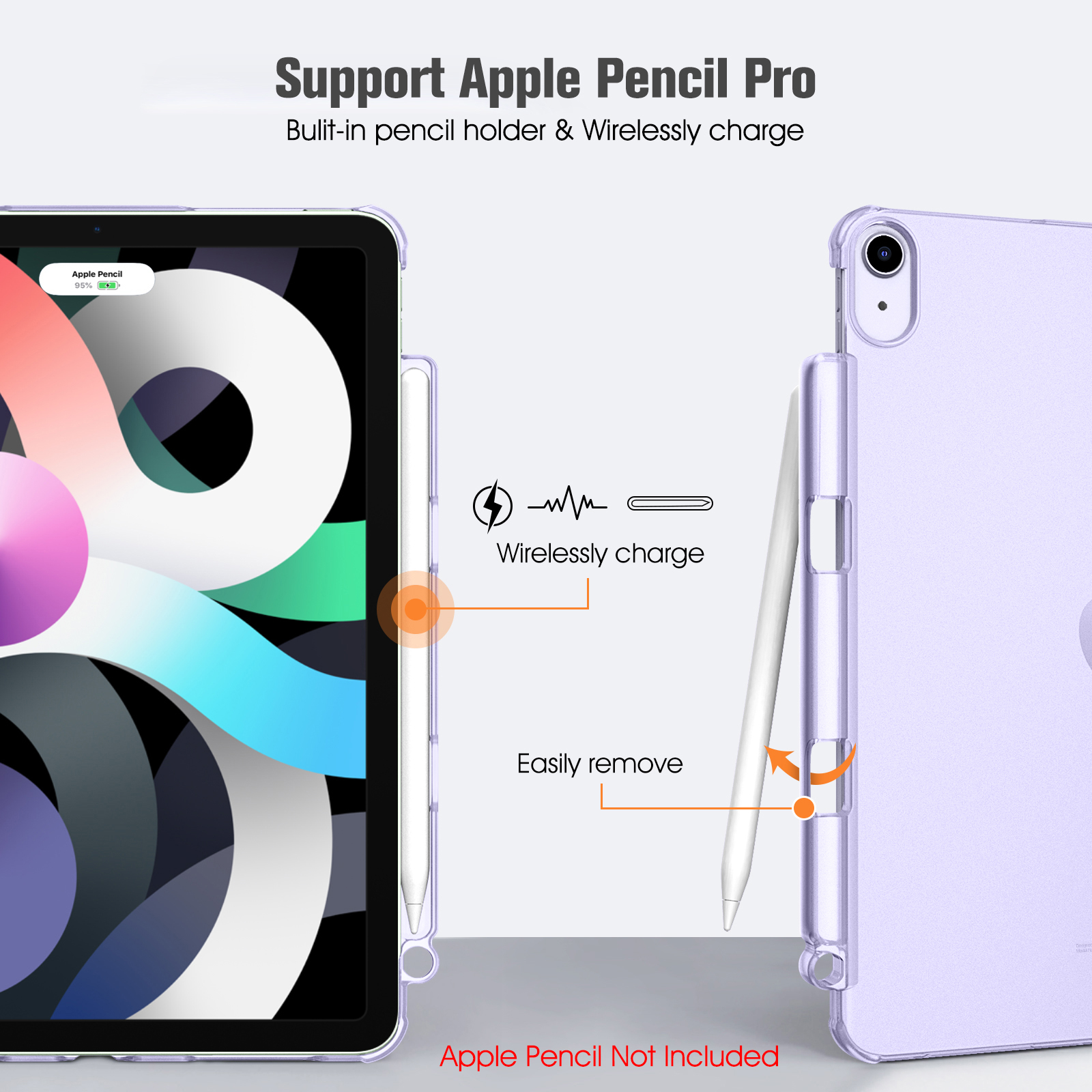 Ein iPad mit lila Hülle und Apple Pencil, das kabellos geladen wird. Text deutet auf Stifthalter und einfaches Entfernen hin.