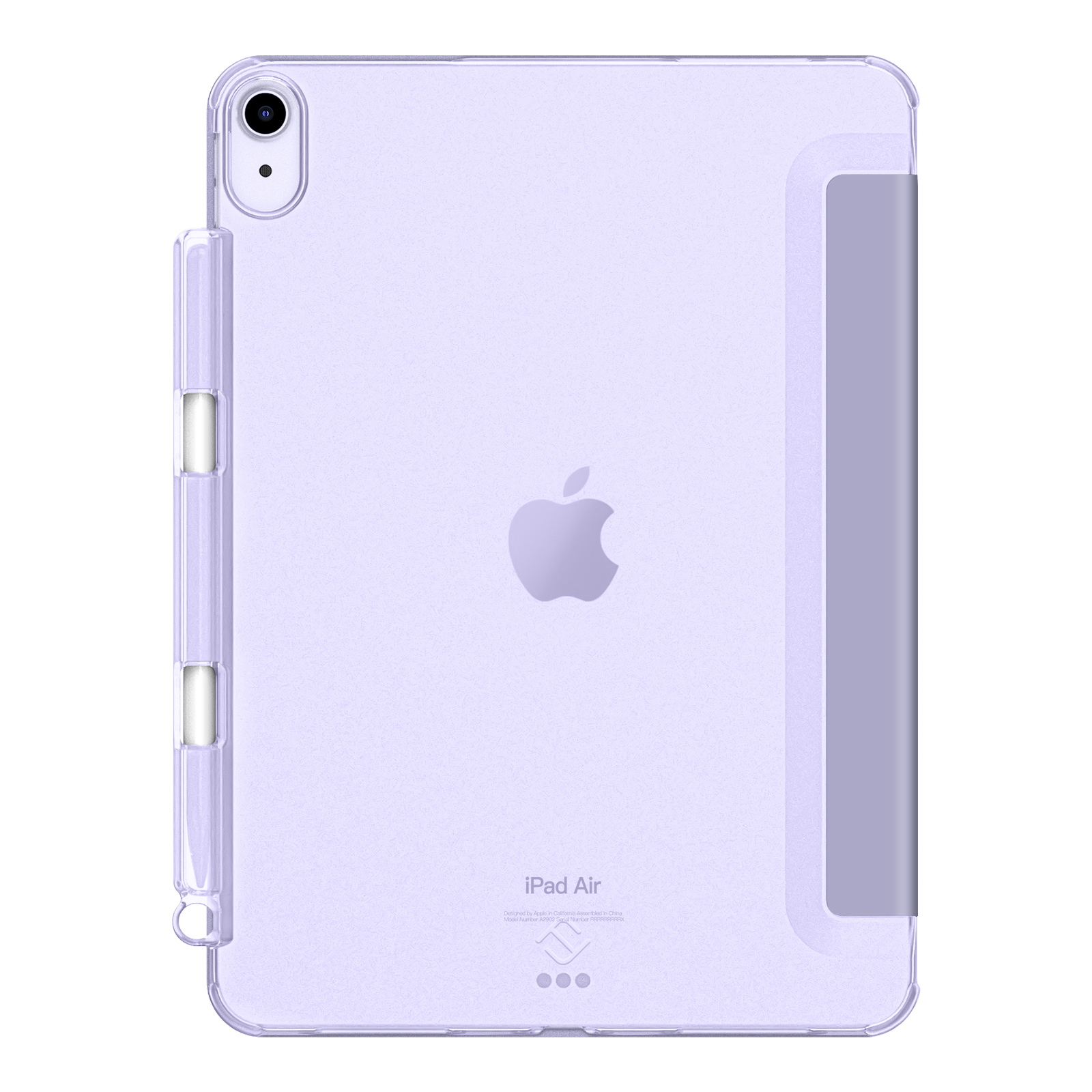 Lila iPad Air, Apple-Logo, transparente Hülle mit Stifthalter und grauer Magnetabdeckung. Weißer Hintergrund.