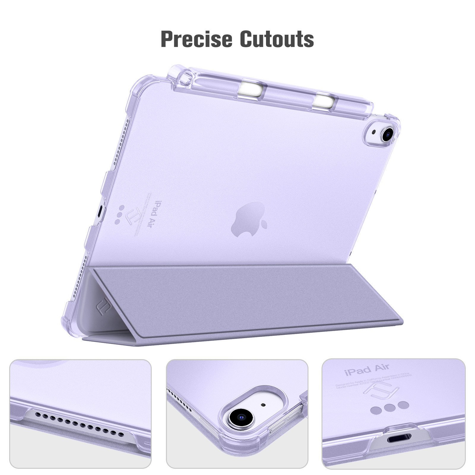 Ein lila iPad Air in einer transparenten Hülle mit einem faltbaren Ständer. Ausschnitte zeigen Details wie Kamera, Anschlüsse und Lautsprecher.