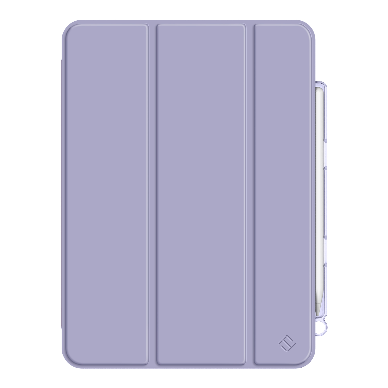 Eine lila Tablet-Hülle mit Klappdeckel und Stifthalter. Ein weißer Stift ist darin. Der Hintergrund ist weiß.