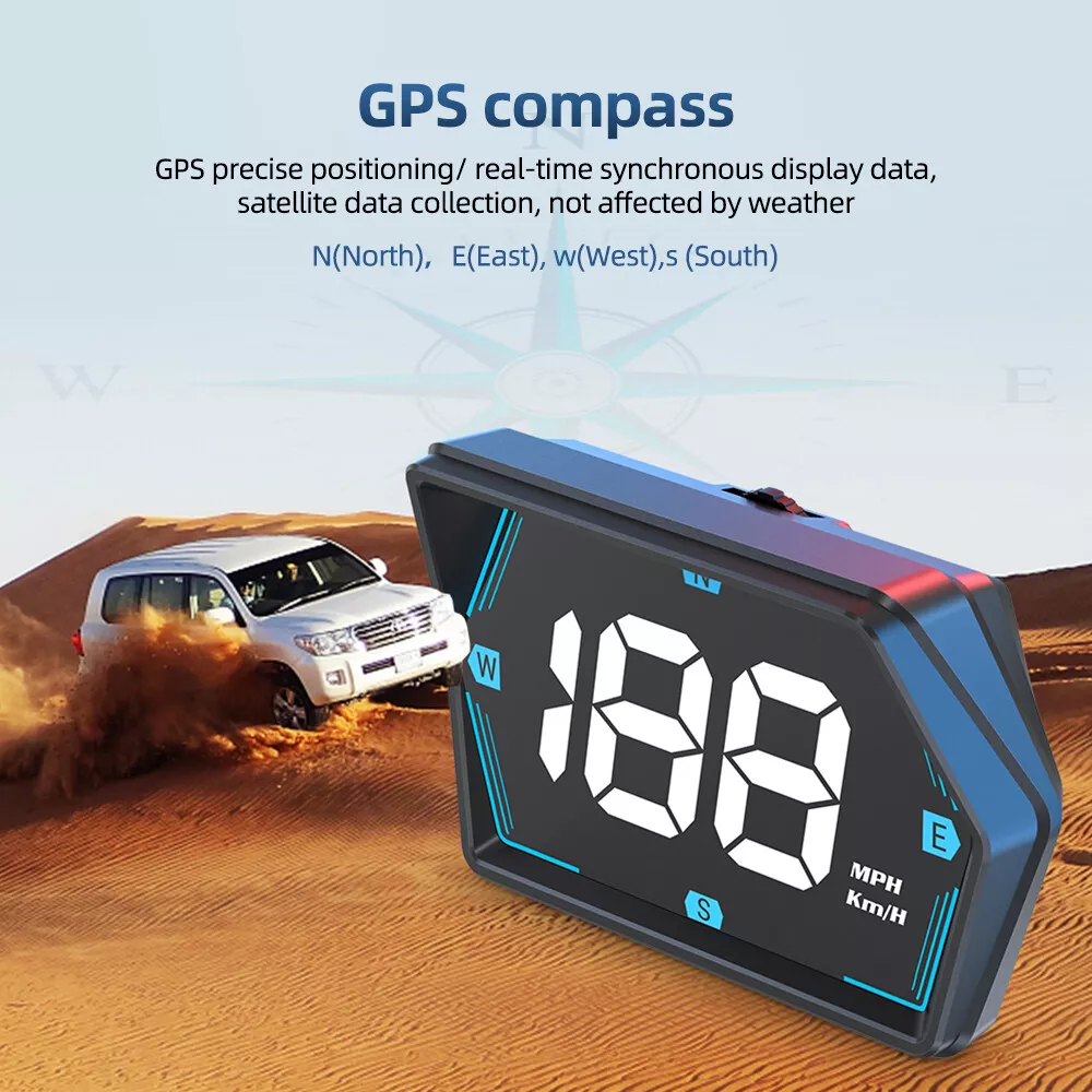 Ein GPS-Kompass zeigt die Geschwindigkeit vor einem Wüstenhintergrund an. Ein weißer SUV wirbelt Sand auf. Text lautet 'GPS-Kompass' und mph/kmh.