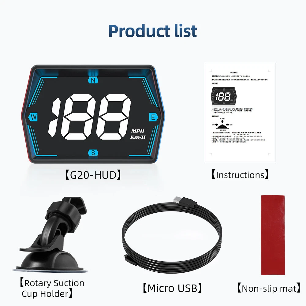Produktliste mit einem HUD-Display, das 188 MPH/Km/H anzeigt, Anweisungen, einem Dreh-Saugnapfhalter, einem Micro-USB-Kabel und einer rutschfesten Matte.
