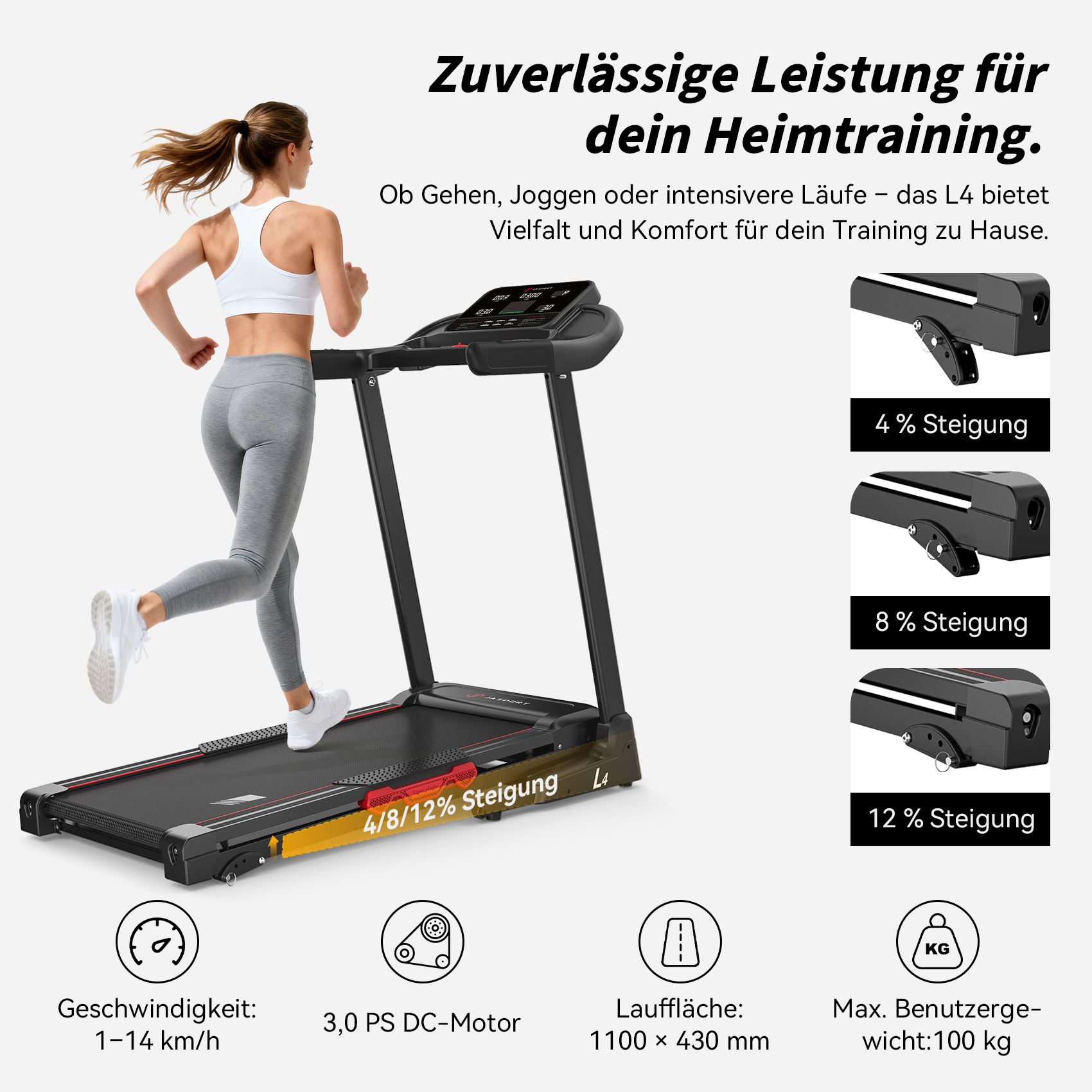 Eine Frau läuft auf einem Laufband. Das Laufband hat Neigungsoptionen. Verschiedene Spezifikationen werden unten angezeigt.