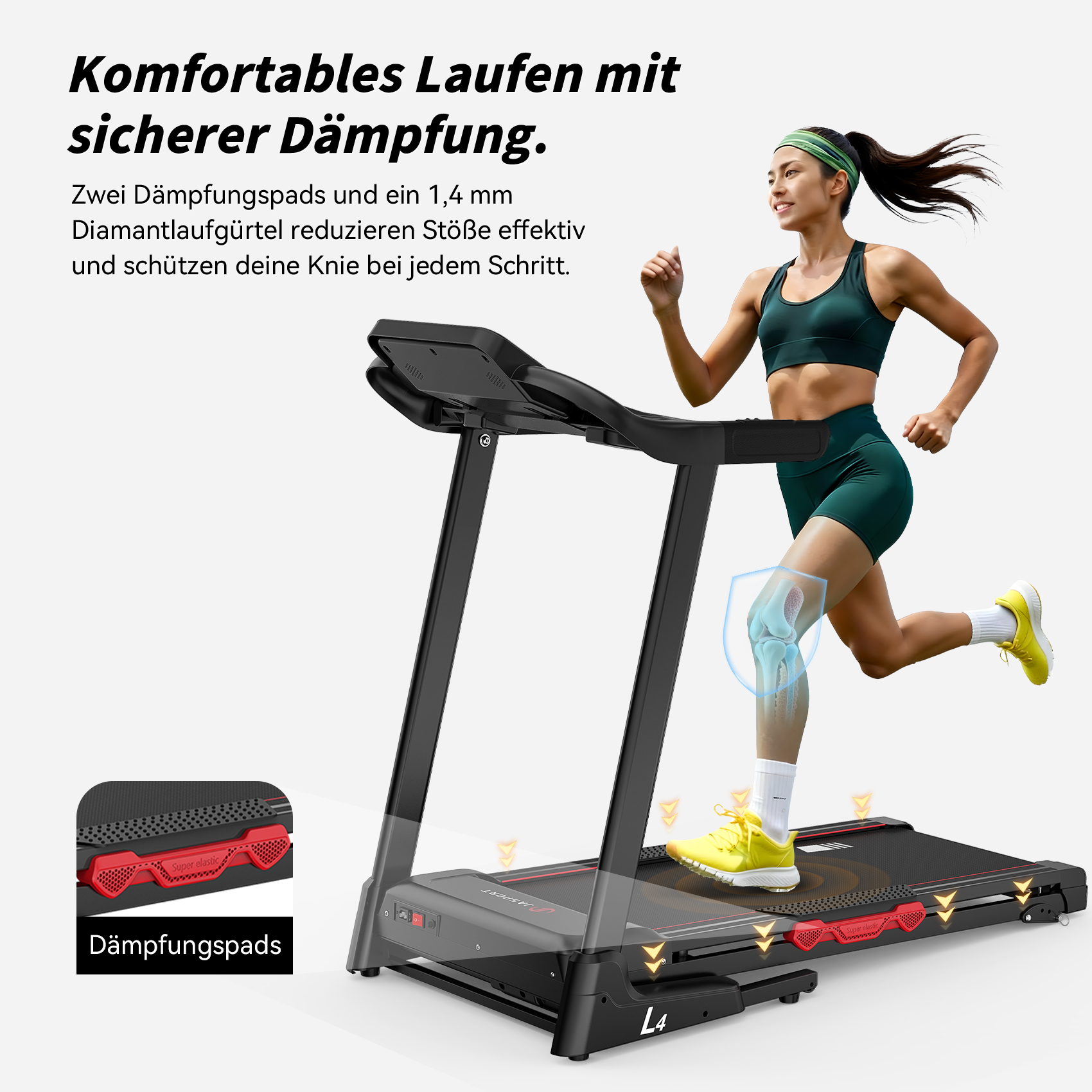 Eine Frau läuft auf einem Laufband. Es ist schwarz mit roten Details. Das Bild zeigt das Knie und wie es geschützt ist.