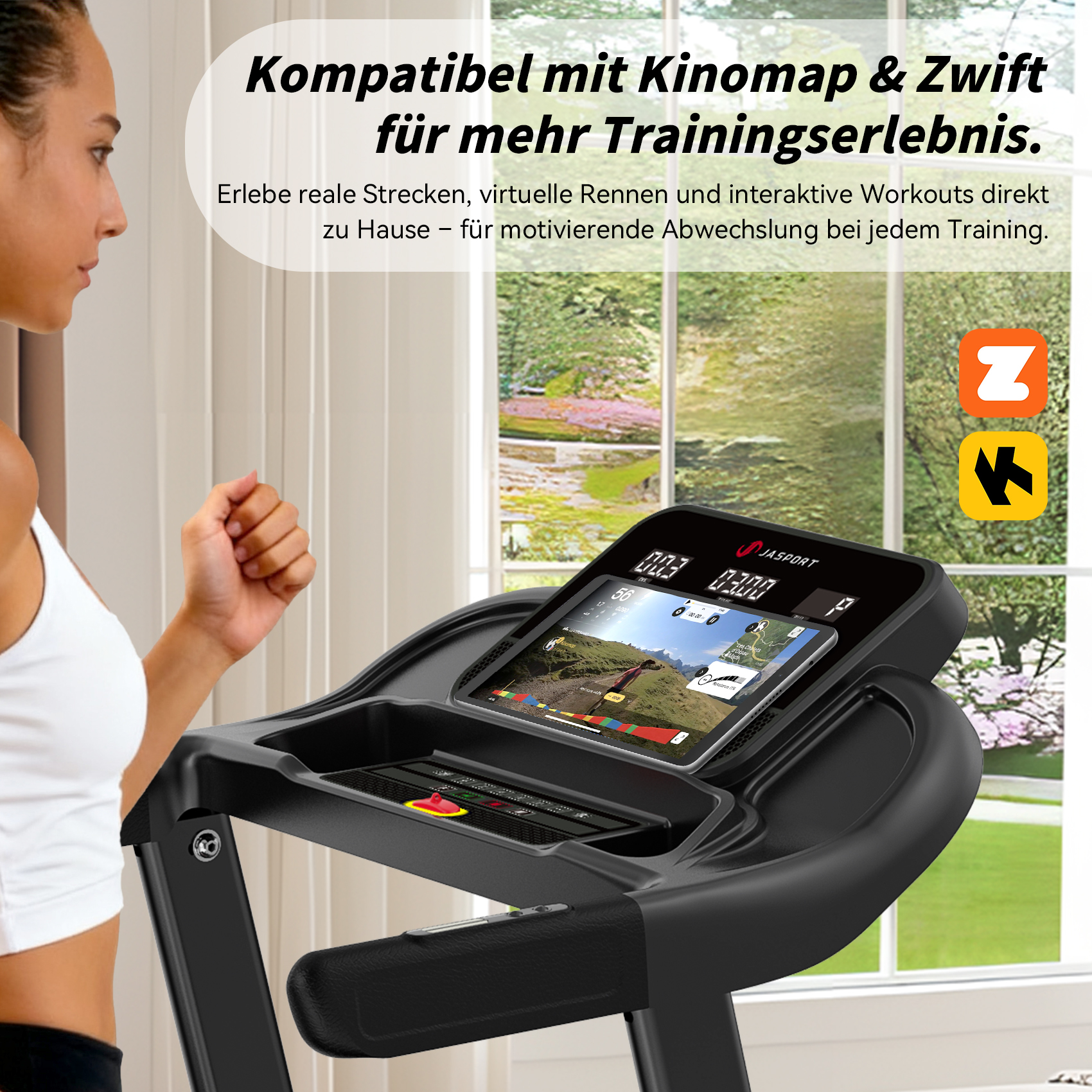 Frau auf Laufband mit Tablet. Text: Kompatibel mit Kinomap & Zwift für mehr Trainingserlebnis.