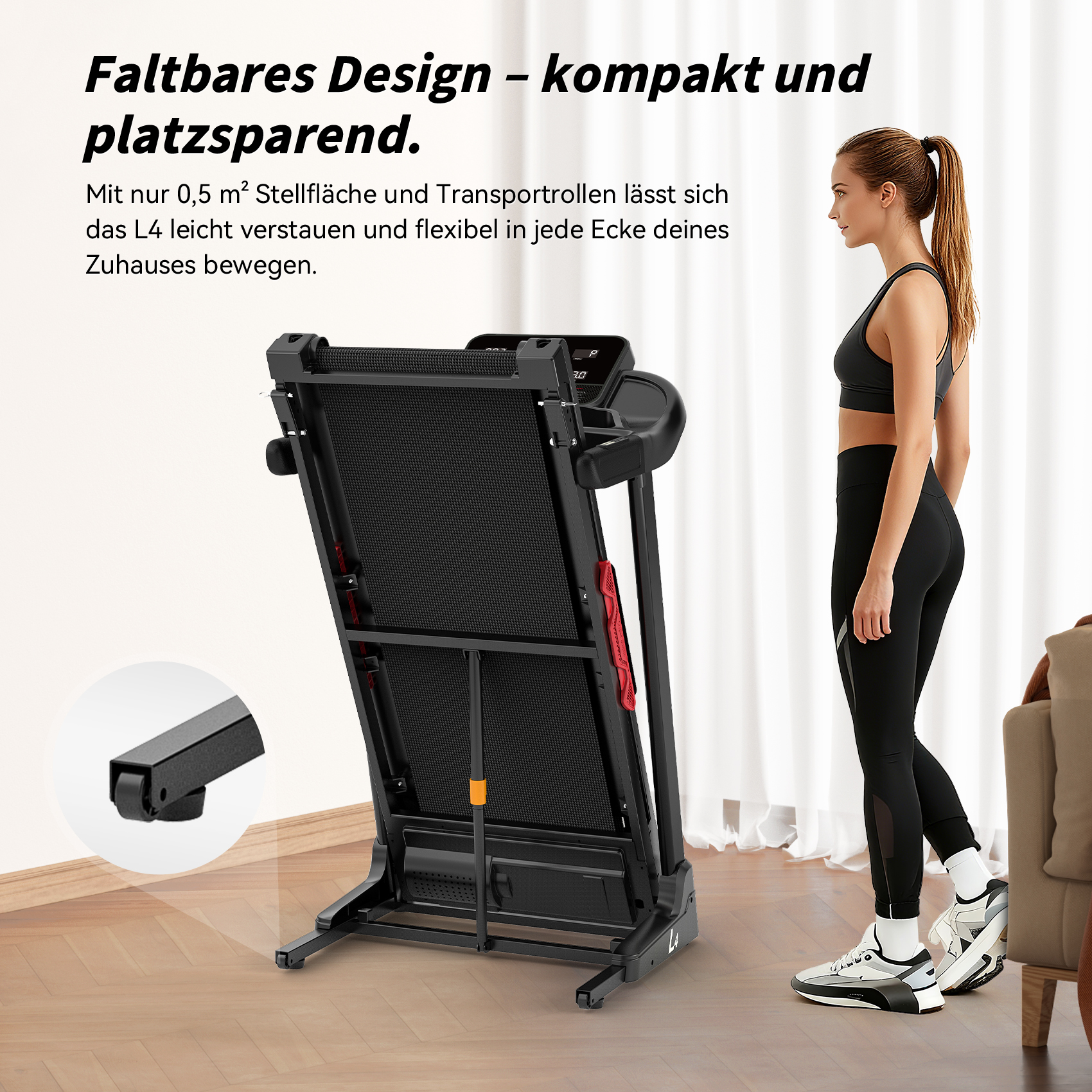 Eine Frau steht neben einem schwarzen Laufband. Das Laufband ist zusammengeklappt. Text auf Deutsch sagt, es ist kompakt und platzsparend.