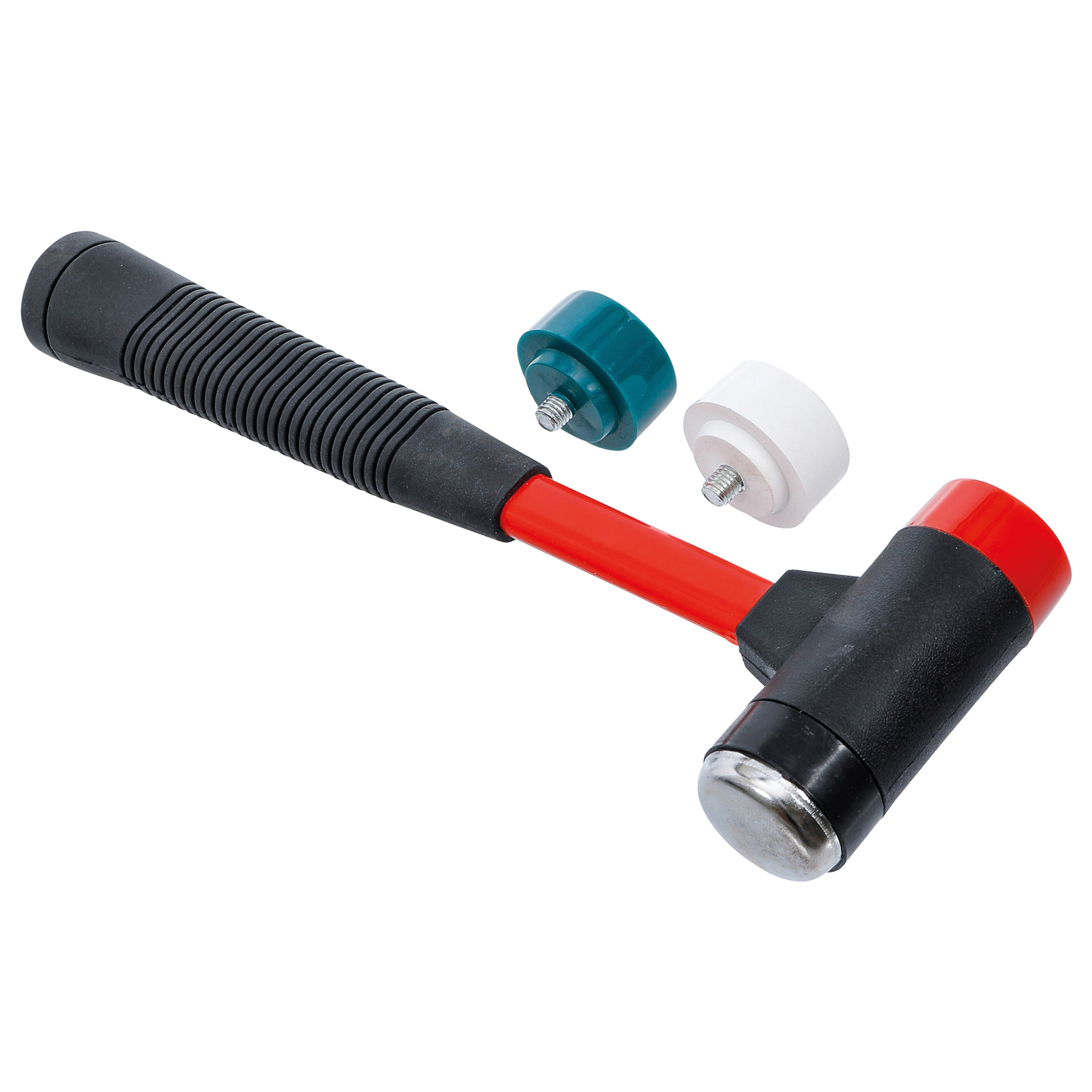 Ein roter und schwarzer Hammer mit austauschbaren Köpfen. Zwei Köpfe sind abgenommen: teal und weiß. Weißer Hintergrund.