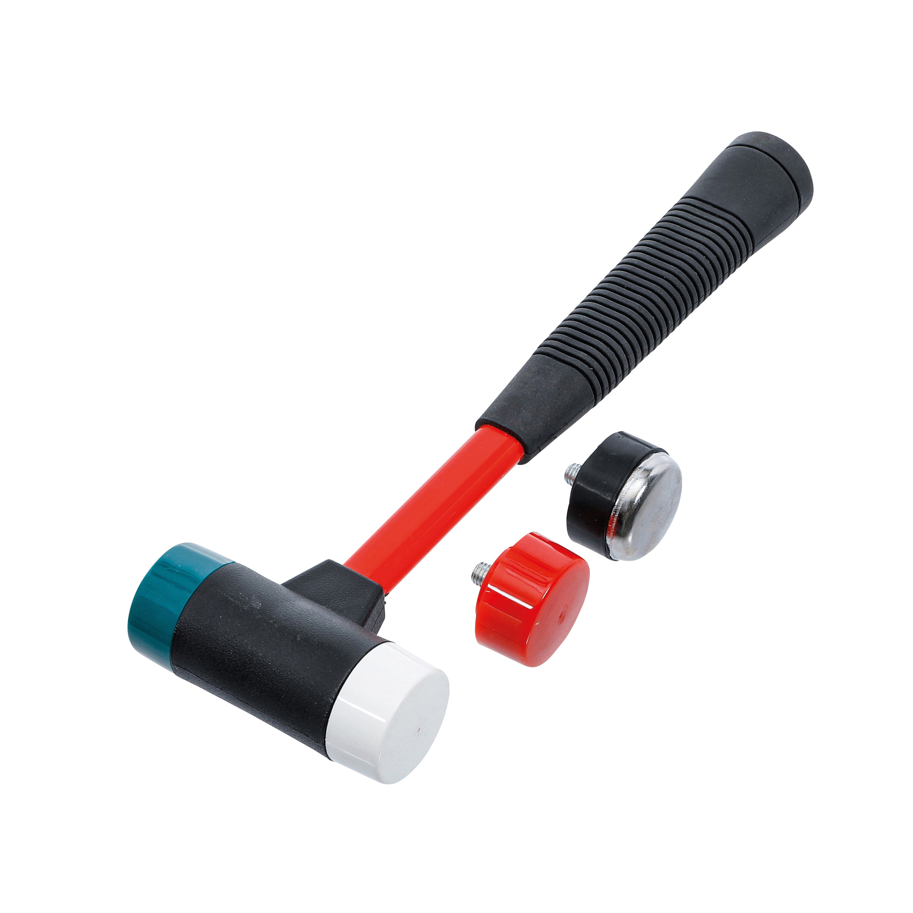 Ein Hammer mit rotem Griff und schwarzem Griff. Drei austauschbare Köpfe befinden sich neben dem Hammer.
