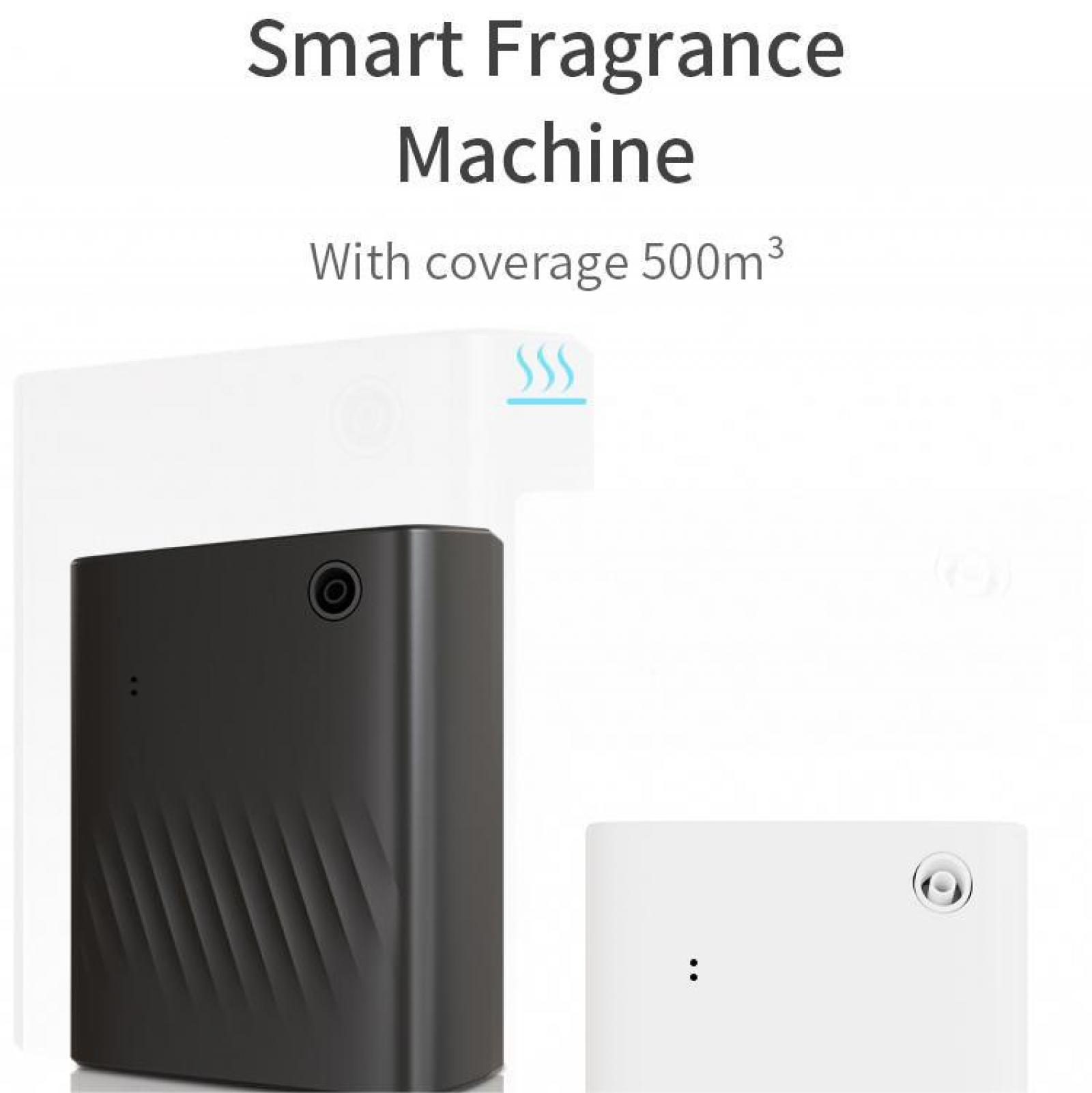 Das Bild zeigt einen schwarzen Duftstoffautomaten mit weißem Hintergrund und den Worten Smart Fragrance Machine.