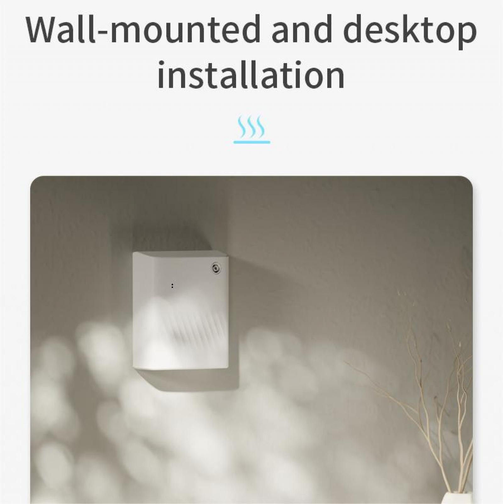 Ein weißer, an der Wand montierter Luftbefeuchter. Eine Pflanze befindet sich im Hintergrund. Graue Wand, weißer Text oben.