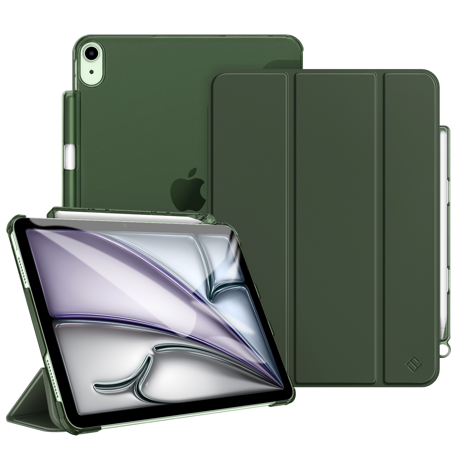 Grüne iPad-Hülle mit einem iPad und einem Apple Pencil. Verschiedene Winkel zeigen die Hülle, die das Gerät schützt.