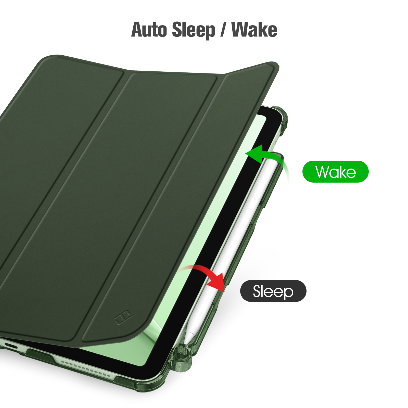 Dunkelgrüne Tablethülle öffnet sich. Grüner Pfeil zeigt Wecken, roter Pfeil Schlaf. Text: Auto Sleep / Wake. Weißer Hintergrund.