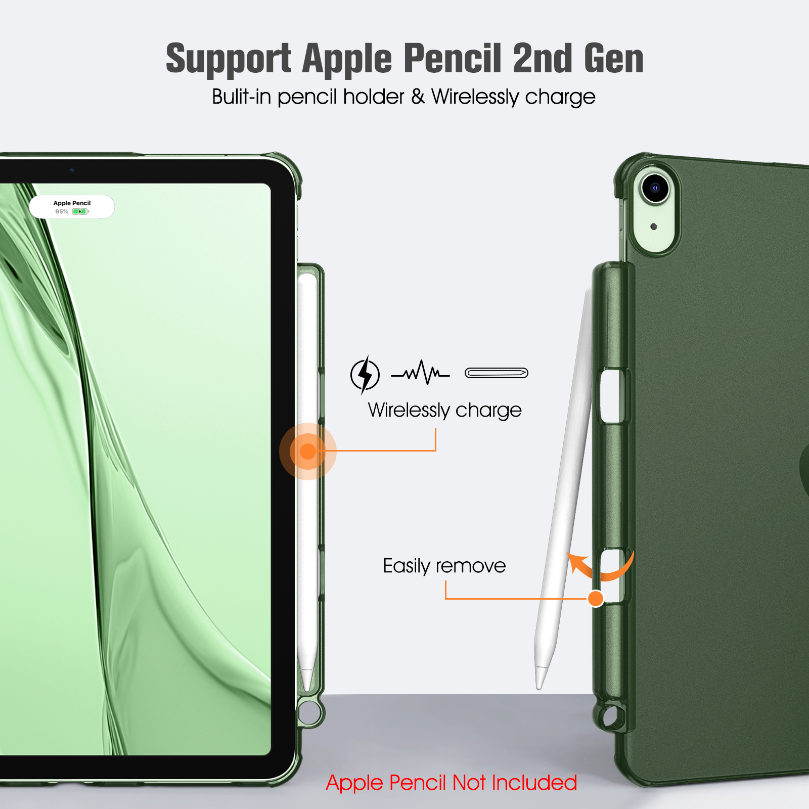 Grüne iPad-Hülle mit Apple Pencil. Zeigt kabelloses Laden und einfaches Entfernen des Stifts.