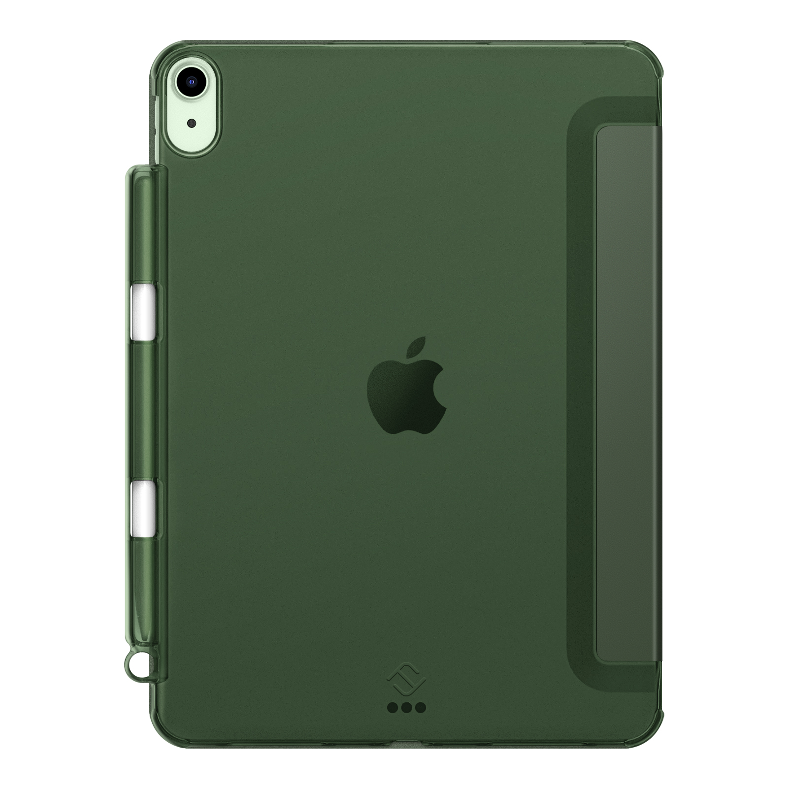 Grüne Tablet-Hülle mit Apple-Logo, Stifthalter und Kamera. Die Hülle ist olivgrün.