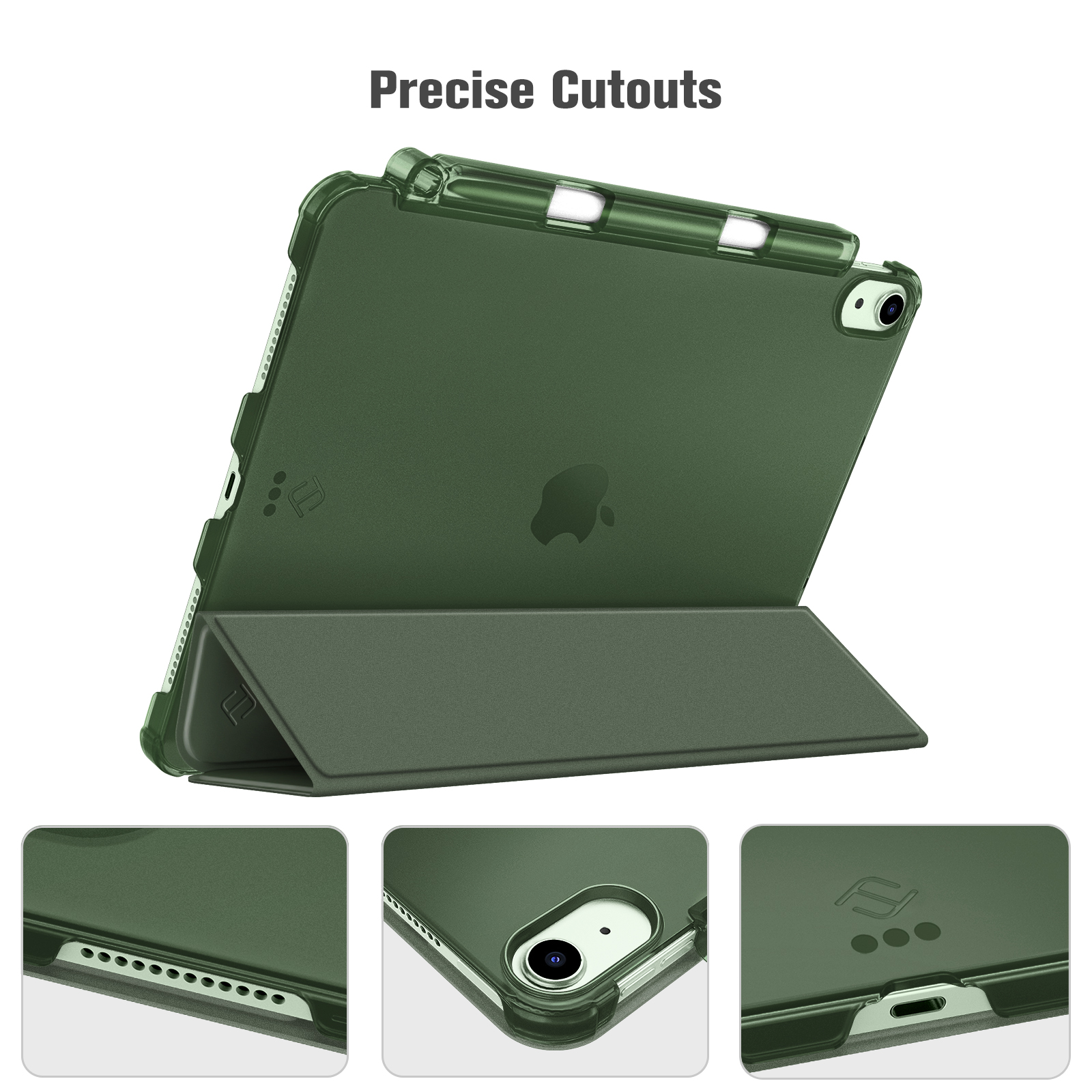 Grünes iPad in einer Hülle mit präzisen Aussparungen. Die Hülle ist geöffnet und zeigt den Bildschirm und die Abdeckung.