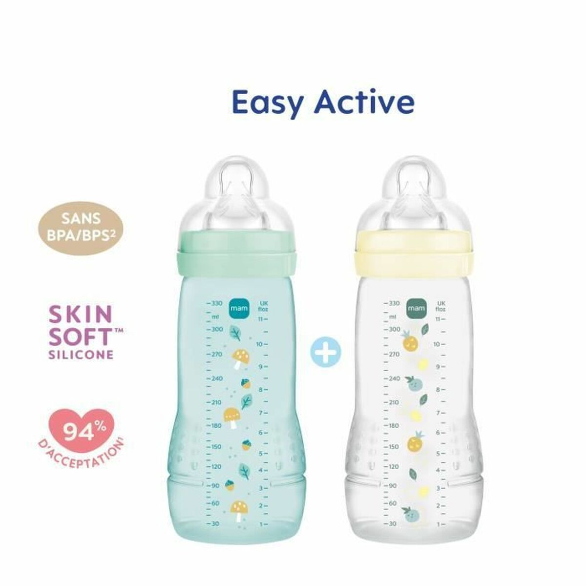 Zwei Babyflaschen, eine grüne und eine gelbe, mit Messmarkierungen und dem Text 'Easy Active' oben.
