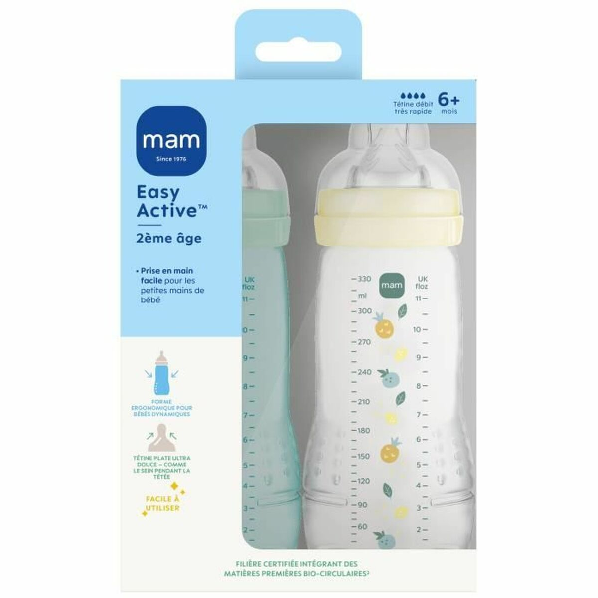 Babyflaschenverpackung. Sie zeigt eine klare Flasche mit gelbem Deckel und eine grüne Flasche dahinter.