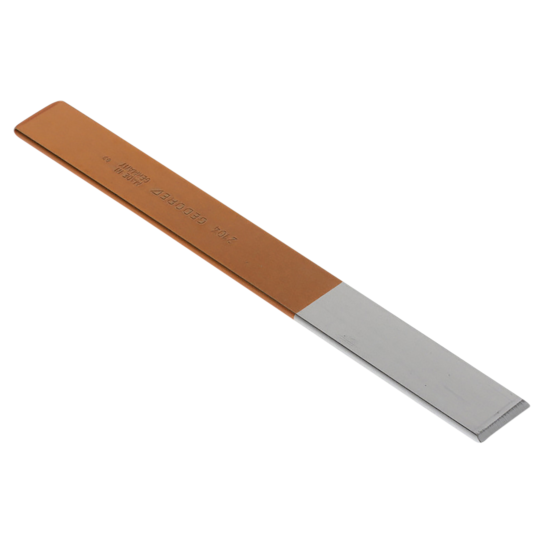 Ein Metall- und Holzmeißel, abgewinkelt. Brauner Griff mit Text, silberne Klinge.