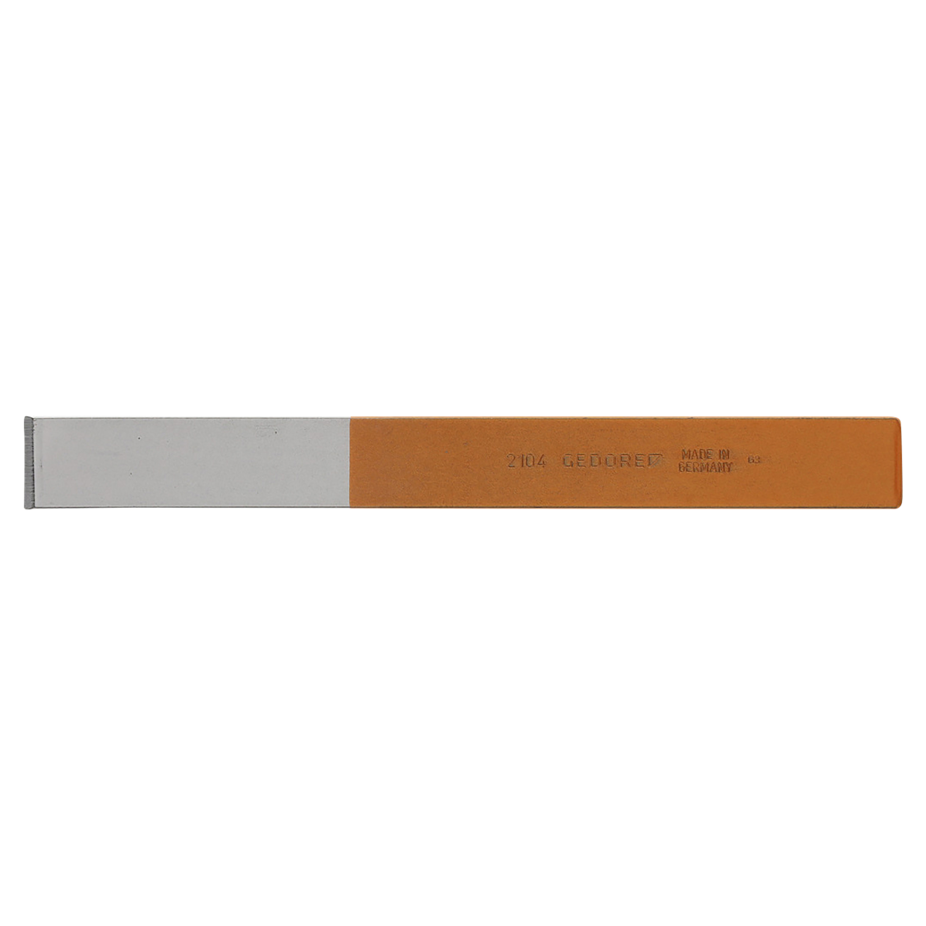Ein Werkzeug mit grauem und orangefarbenem Körper. Auf dem orangen Teil steht "2104 GEDORED Made in Germany".