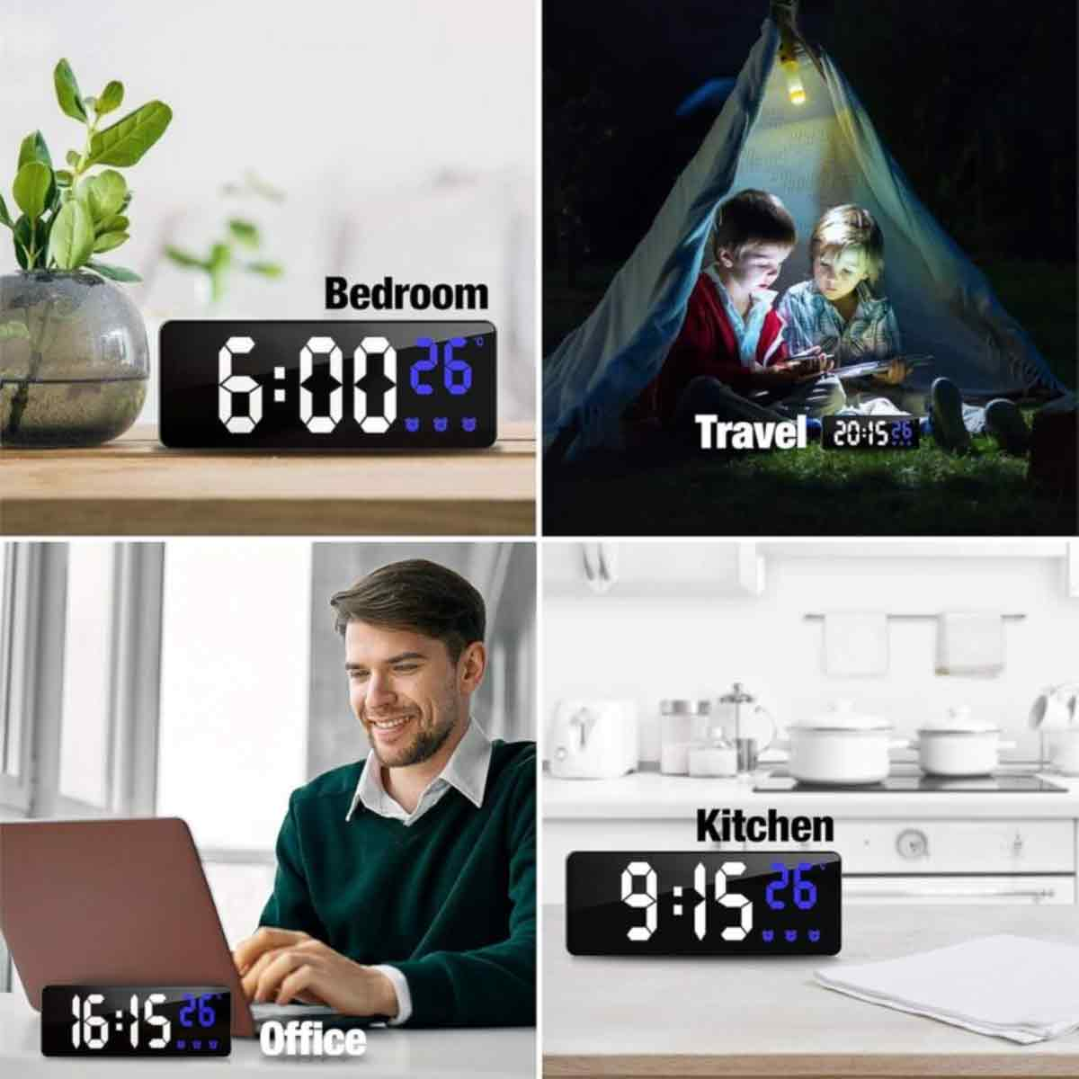 Zusammengesetztes Bild mit Uhren in verschiedenen Umgebungen: Schlafzimmer, Reise, Büro und Küche. Jede Uhr zeigt eine andere Zeit an.