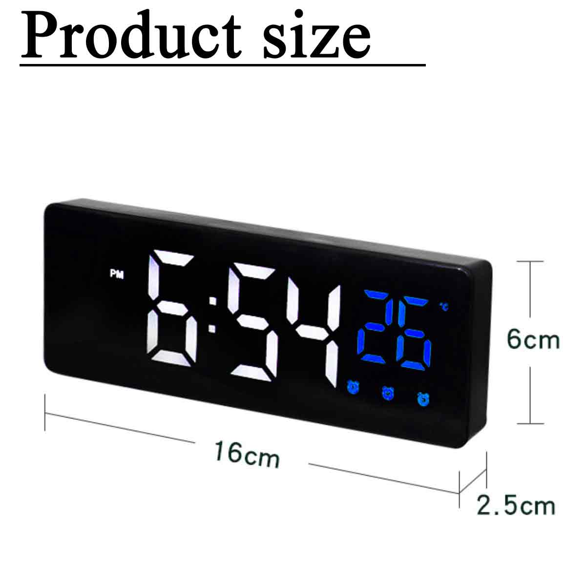 Schwarzer digitaler Wecker mit 6:54:26 PM. Abmessungen sind 16cm x 6cm x 2,5cm. Text 'Produktgröße' steht oben.