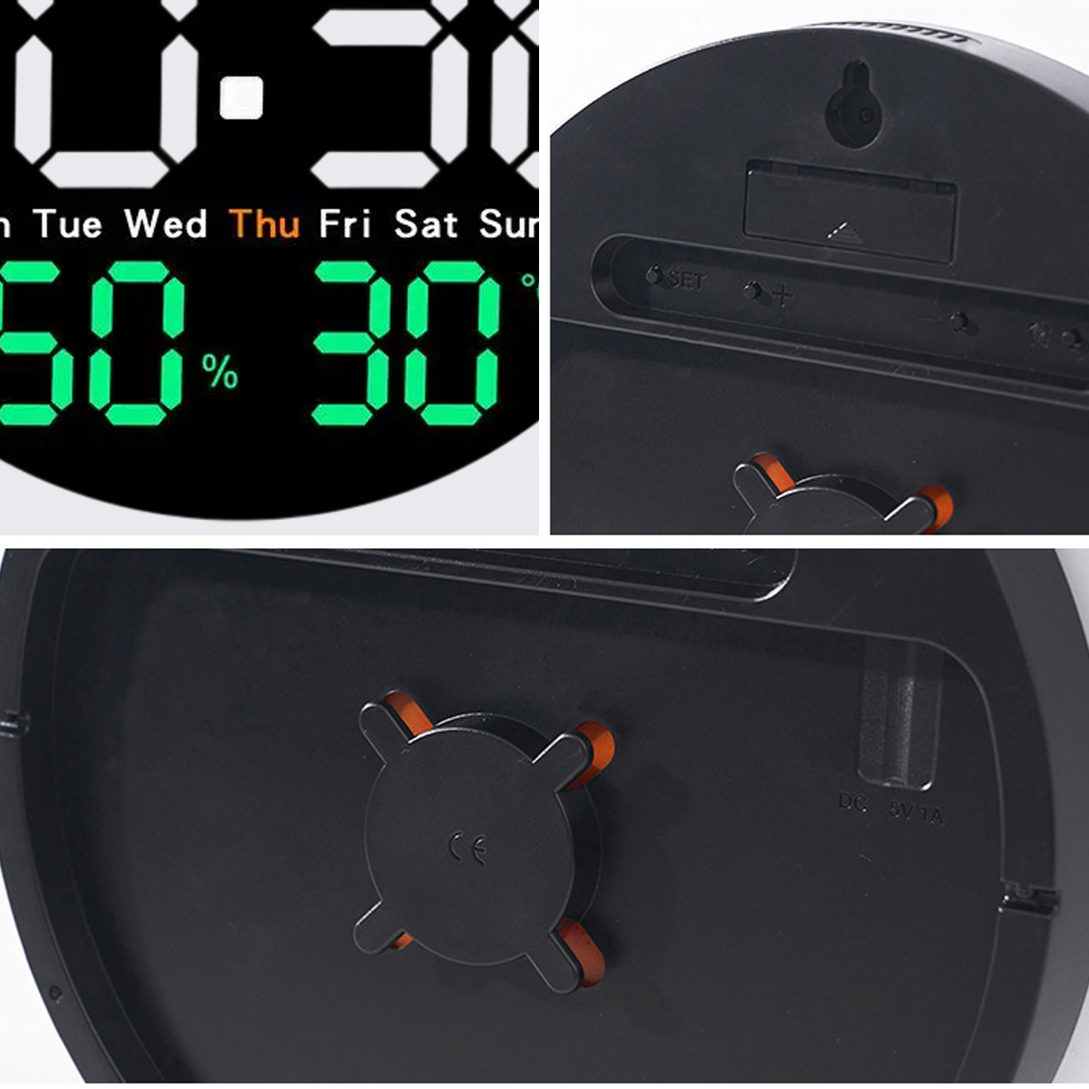Digitaluhr zeigt 0:31, Donnerstag, 50% und 30°. Schwarzes Uhrengehäuse mit orangefarbenen Akzenten. Rückseite zeigt Tasten und Halterung.