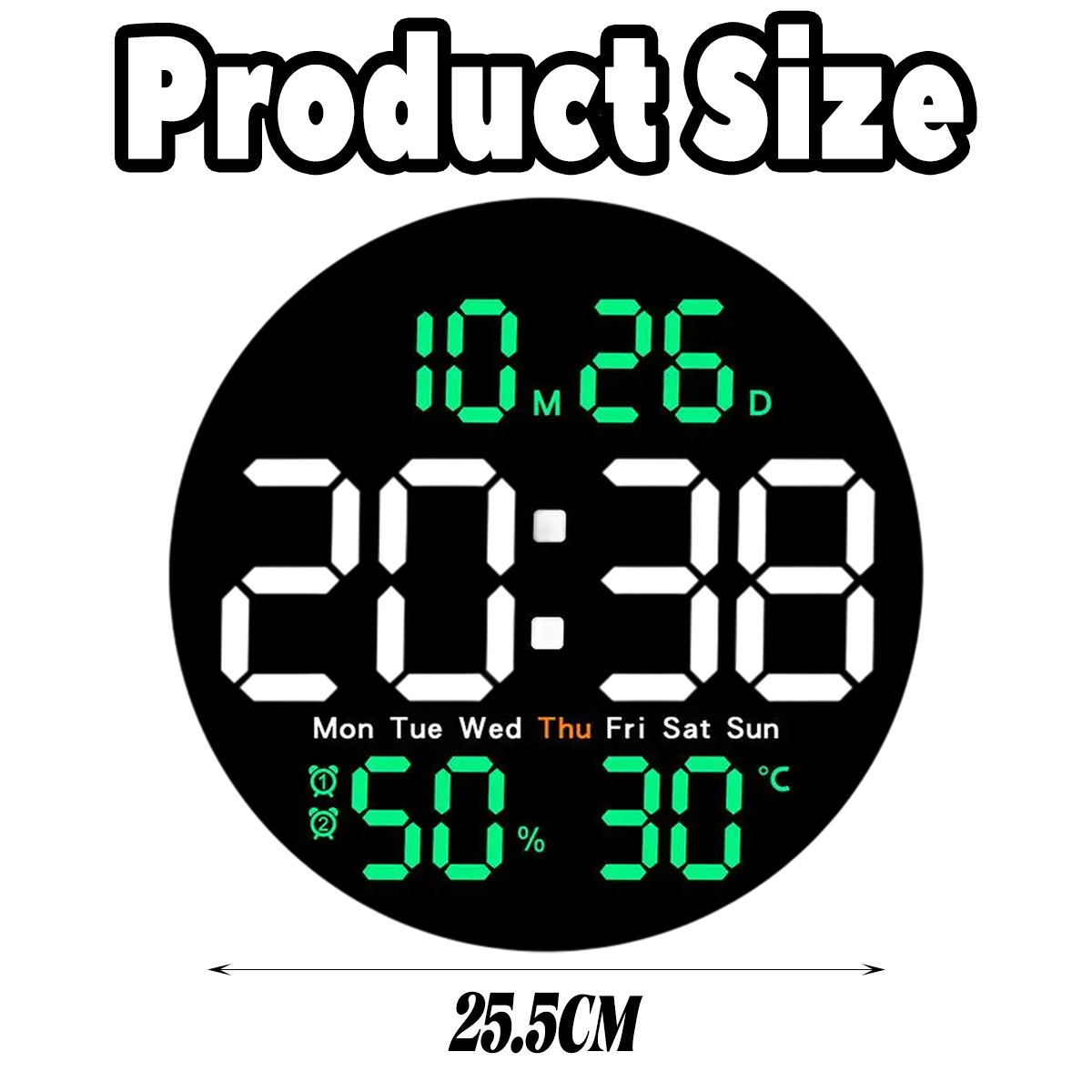 Ein Digitaldisplay zeigt Zeit, Datum und Temperatur an. Text enthält 'Produktgröße' und '25,5 cm', was die Produktabmessungen angibt.