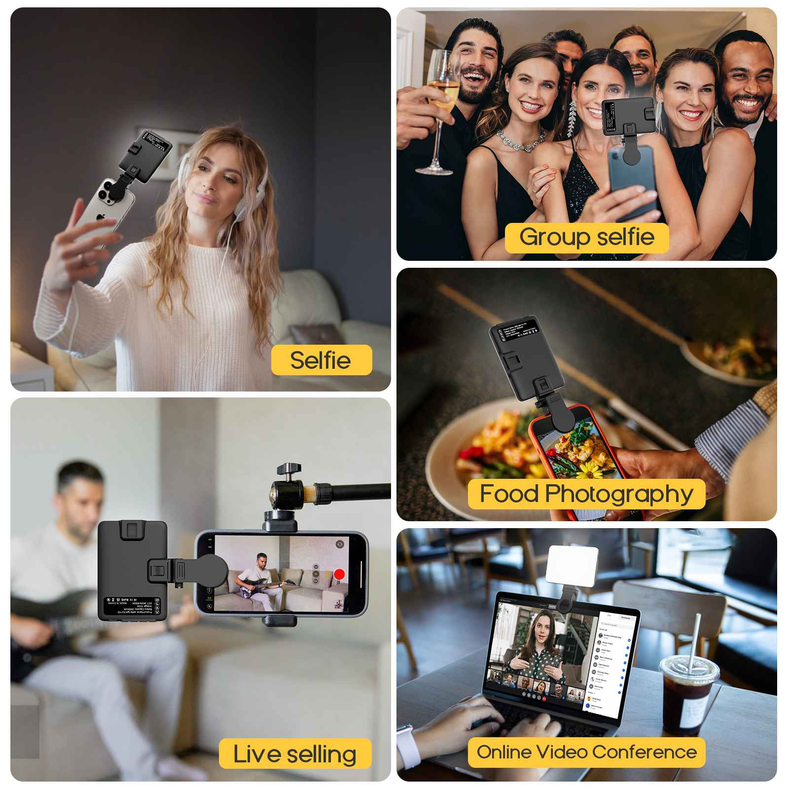 Das Bild zeigt verschiedene Anwendungen eines Telefonlichts: Selfie, Gruppen-Selfie, Food-Fotografie, Live-Verkauf und Online-Videokonferenz.