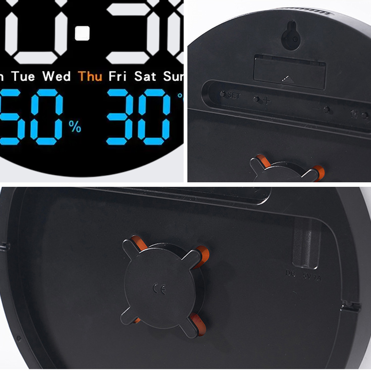 Eine Digitaluhr zeigt Zeit, Tag und Luftfeuchtigkeit an. Auf der Rückseite der Uhr befinden sich eine Einstelltaste, ein Batteriefach und ein Haken.