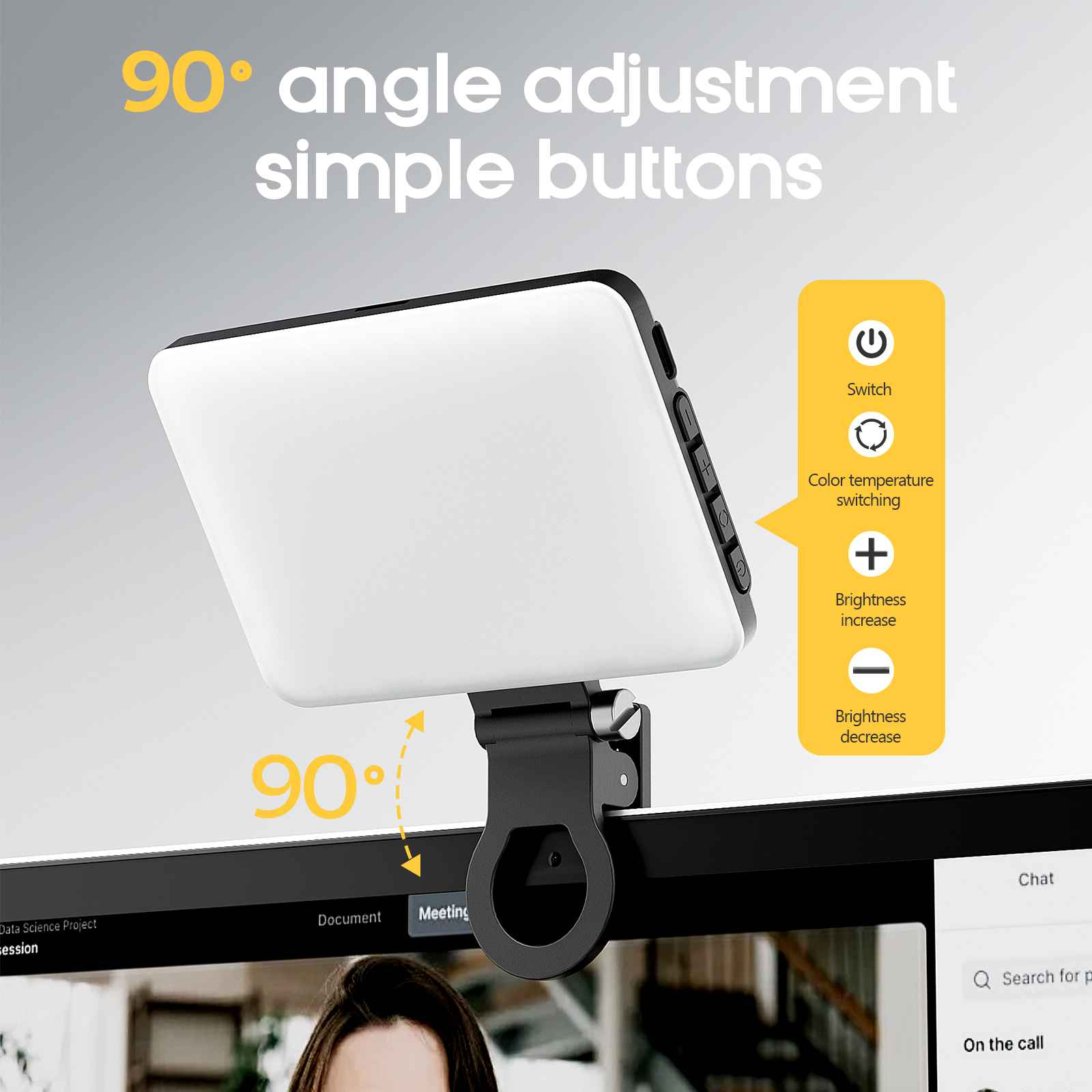 Ein weißes LED-Licht, das an einem Monitor befestigt ist, Winkeleinstellung, mit Tasten für Schalter, Farbe und Helligkeitsregelung.