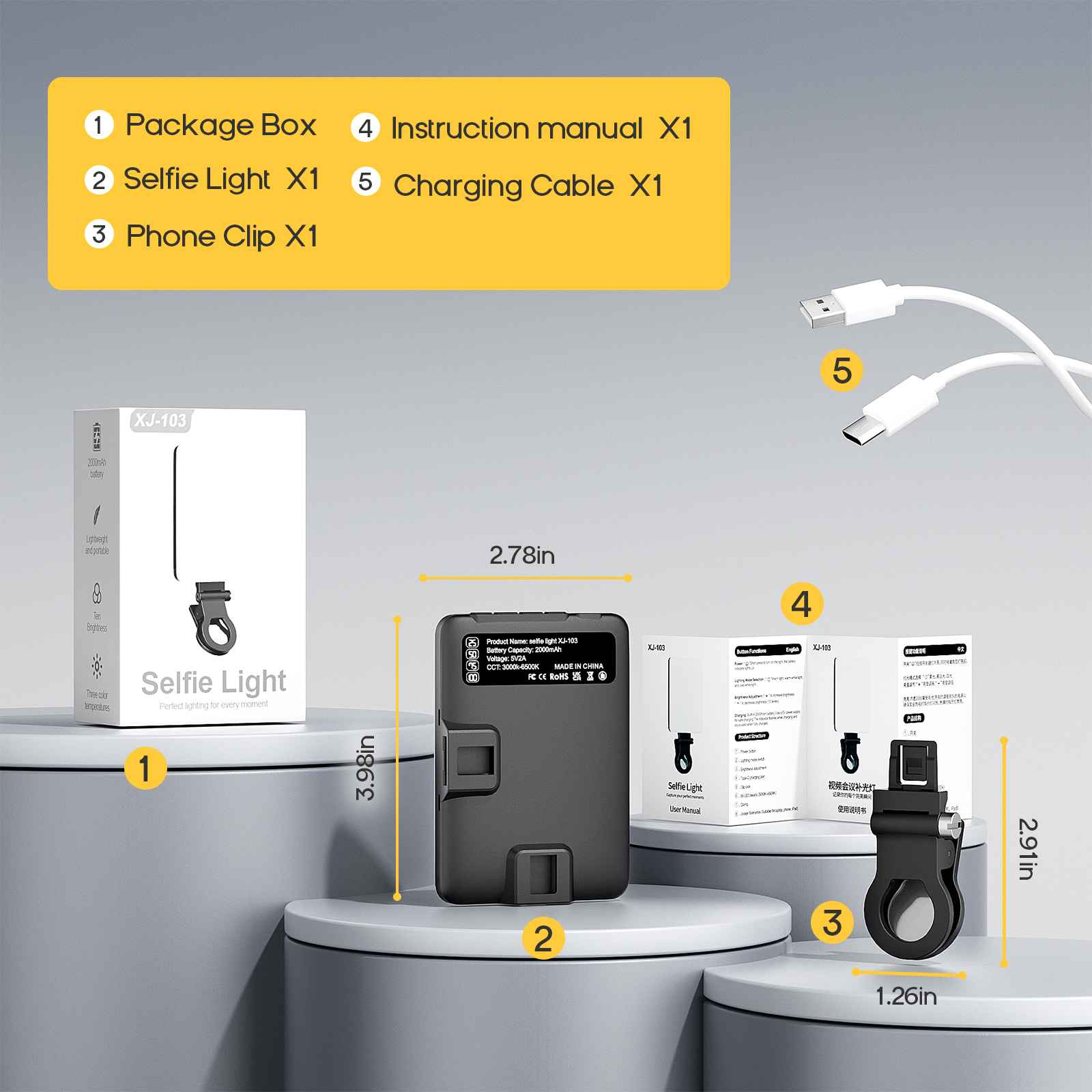 Ein Selfie-Licht-Kit mit Verpackung, Licht, Telefonclip, Handbuch und Ladekabel. Alles auf einer weißen Oberfläche.
