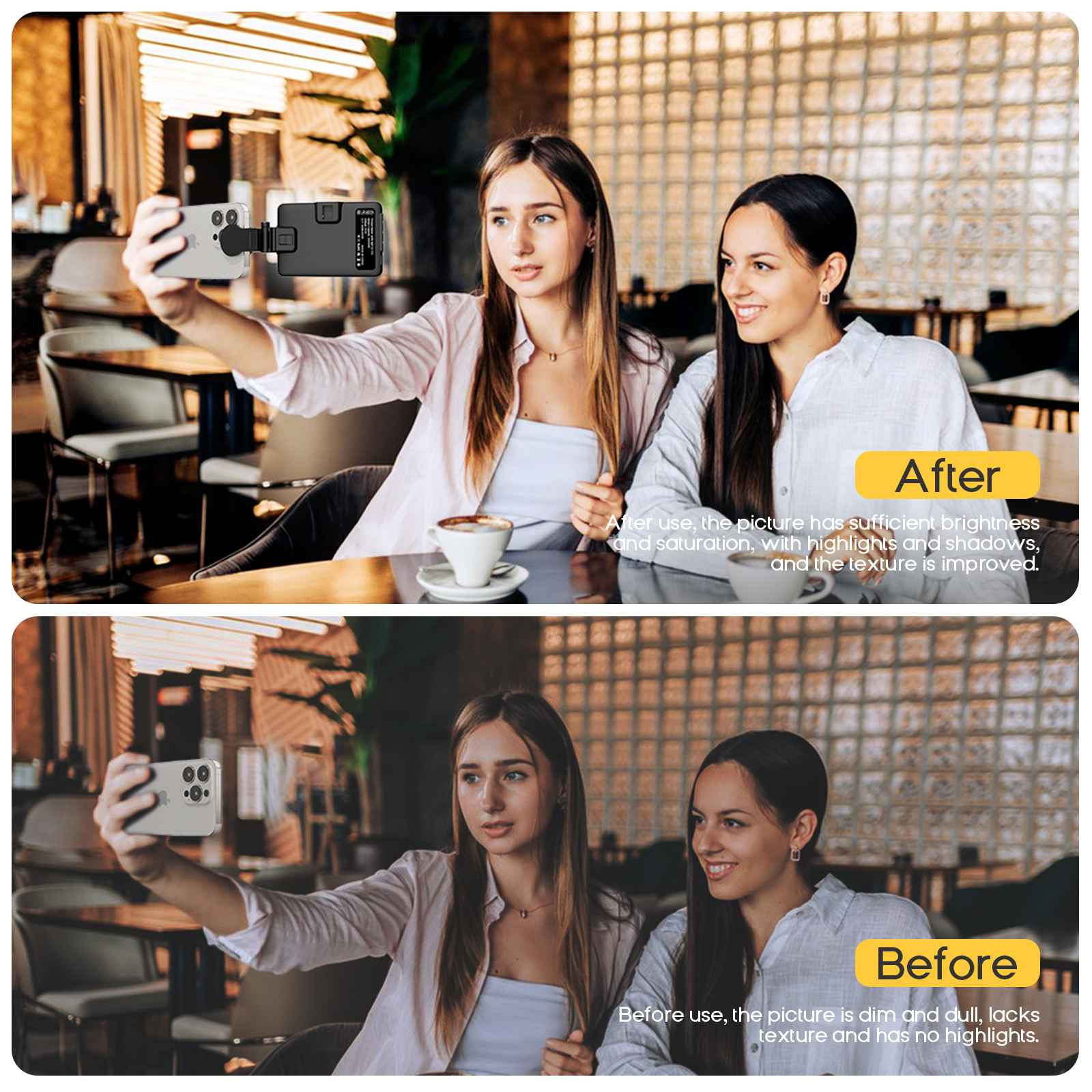 Zwei Frauen machen Selfies in einem Café. Eine benutzt ein Telefon mit Lichtaufsatz. Das Bild ist geteilt, mit 'Vorher' und 'Nachher' beschriftet.
