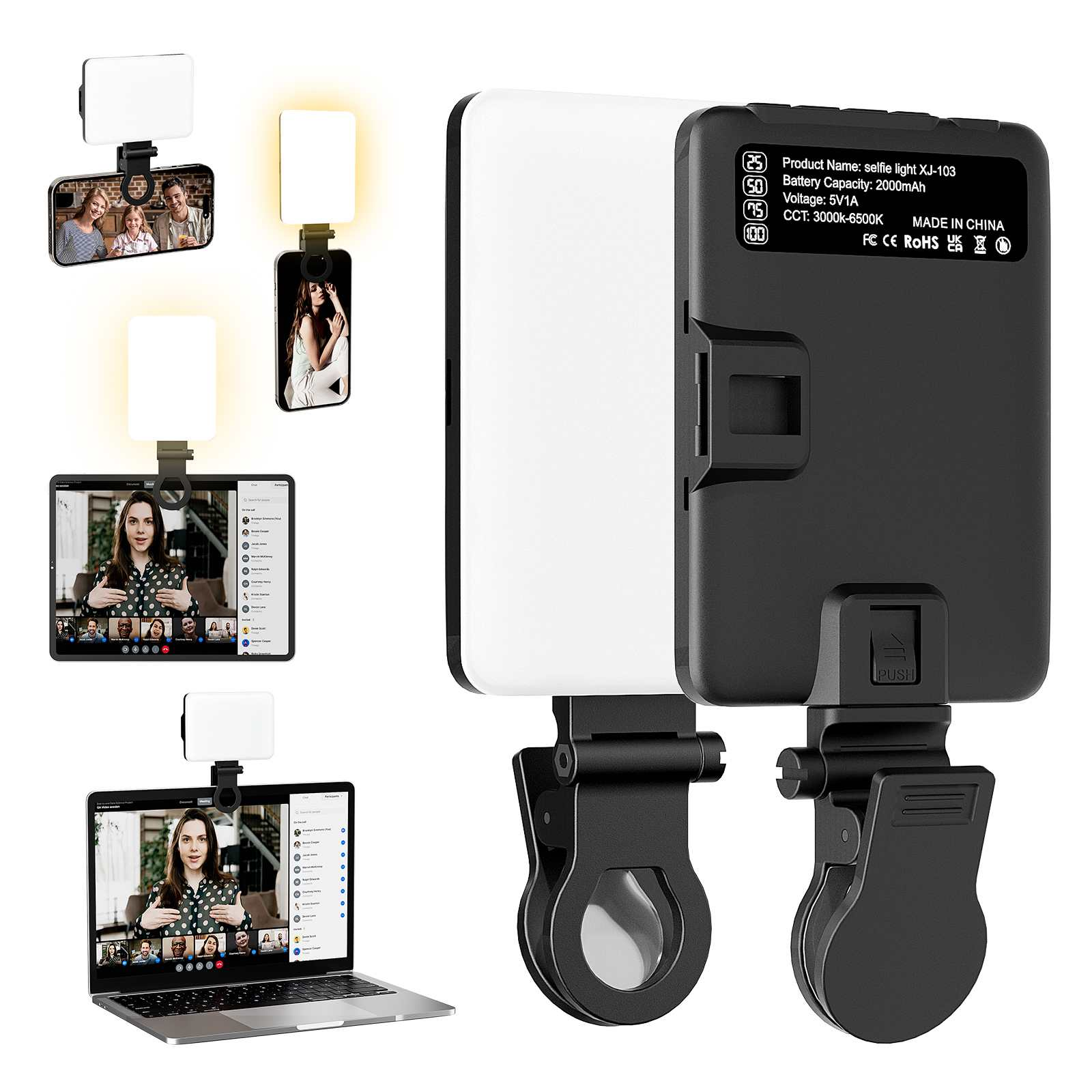 Ein Selfie-Licht XJ-103 mit Telefonen und einem Laptop. Das Licht hat ein schwarzes Gehäuse, eine weiße Lichtfläche und einen Clip.