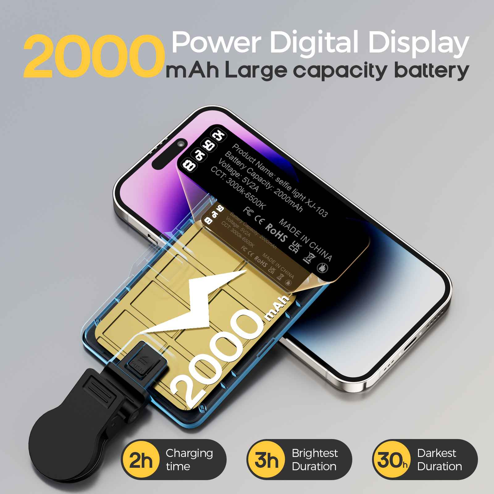 Ein Telefon mit einer Batterie-Overlay. Details umfassen 2000 mAh, Ladezeit und Nutzungsdauer.