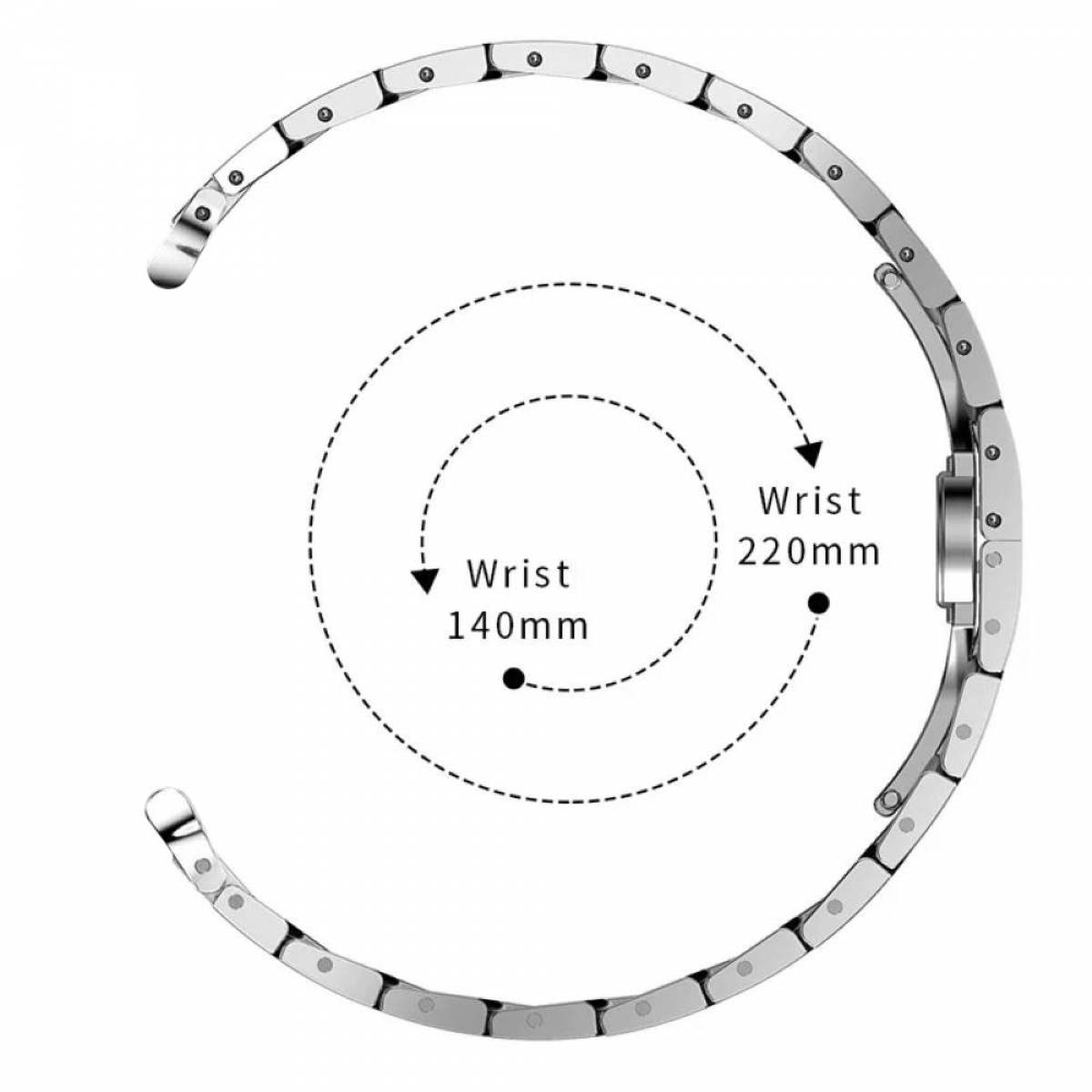 Ein silbernes Armband, teilweise geöffnet, mit einer Diagramm, das Handgelenkgrößen von 140 mm und 220 mm zeigt, beide in gepunkteten Kreisen.