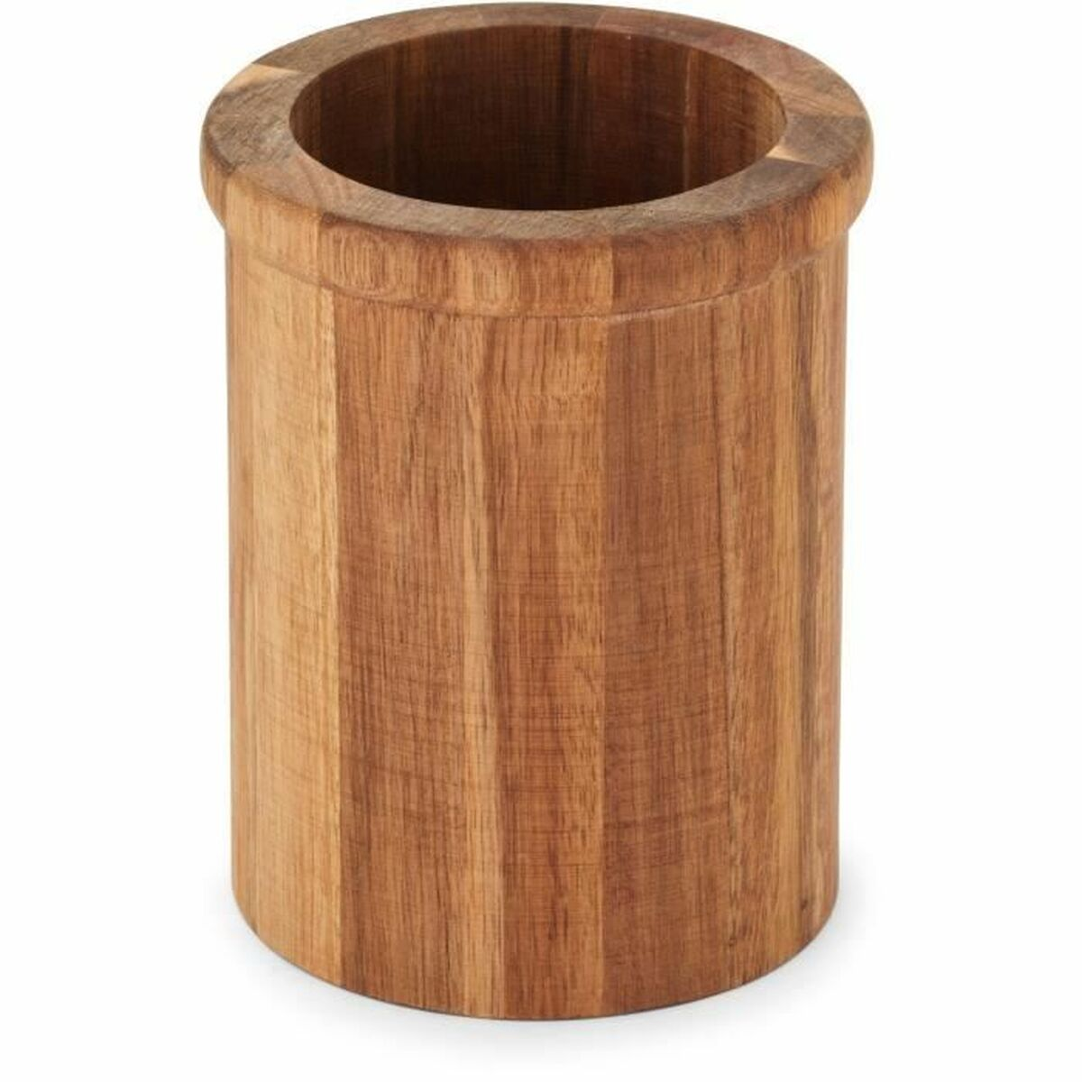 Un portautensili cilindrico in legno. È fatto di legno marrone chiaro e ha un'apertura circolare in alto.