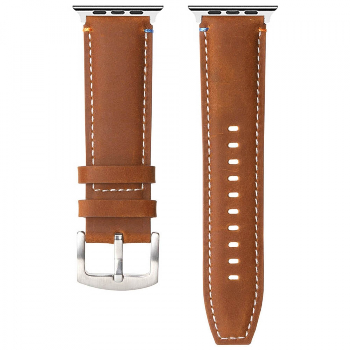 Zwei braune Lederarmbänder für die Apple Watch mit weißen Nähten. Silberne Schnallen und Anschlüsse. Isoliert auf weißem Hintergrund.