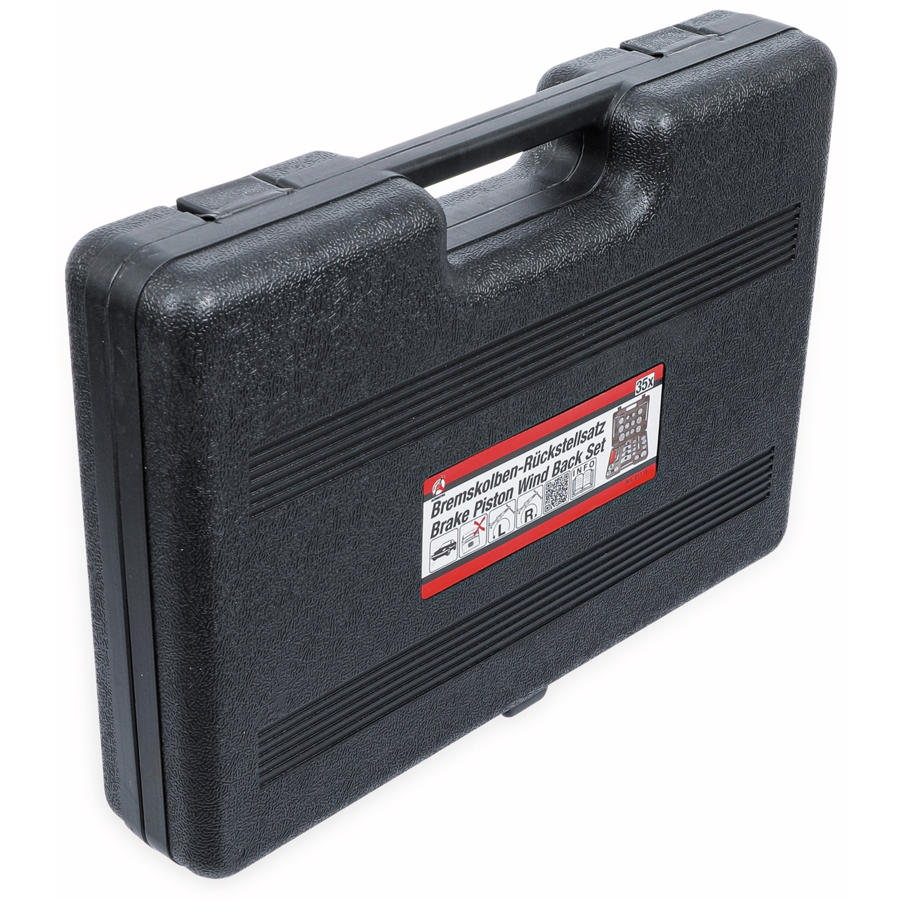 Una cassetta degli attrezzi di plastica nera con manico ed etichetta 'Brake Piston Wind Back Set' su sfondo bianco.
