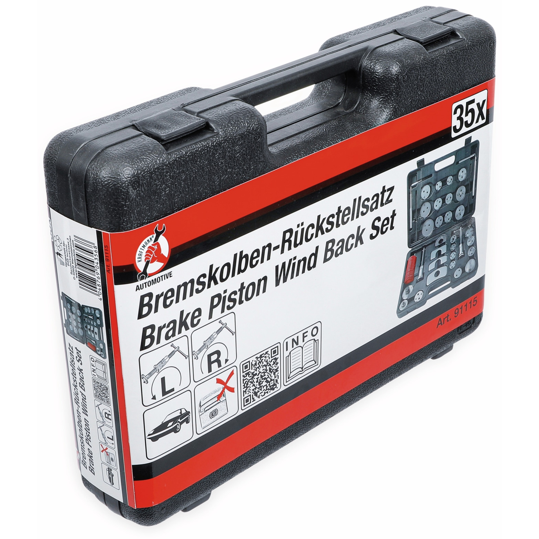Una cassetta degli attrezzi nera con manico, etichettata 'Brake Piston Wind Back Set' e '35x'. Contiene vari strumenti.