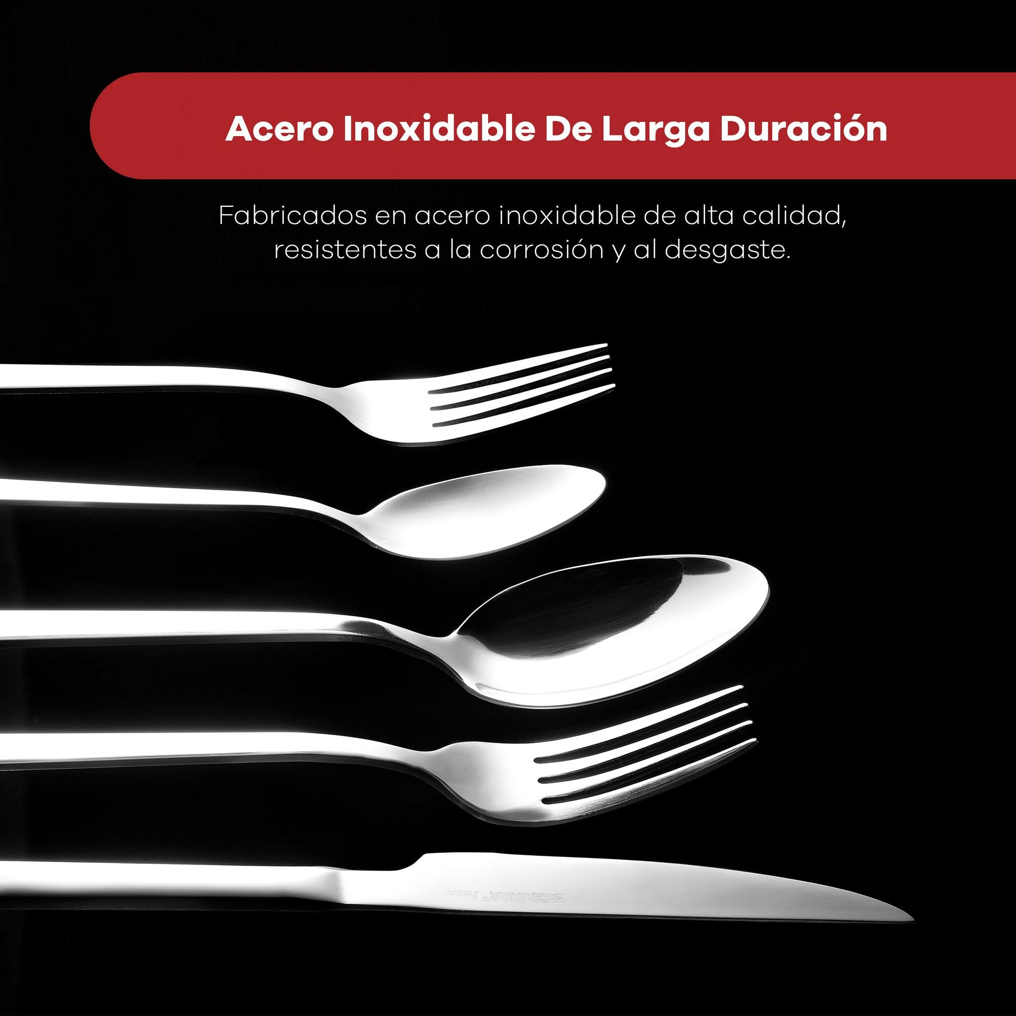 Cubiertos de acero inoxidable: tenedor, cucharas y cuchillo sobre fondo negro. Texto rojo dice 'Acero Inoxidable de Larga Duración'.