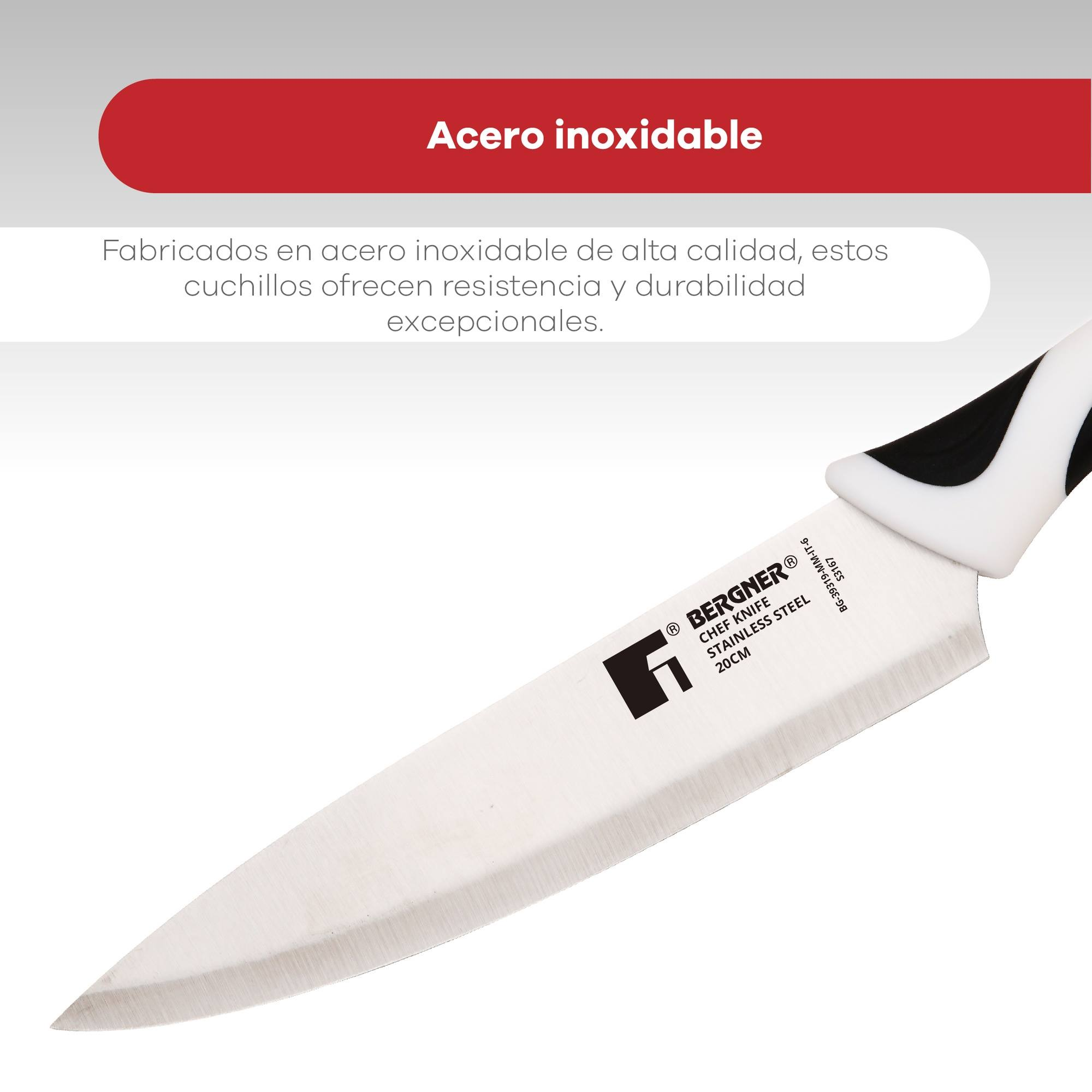 Un cuchillo de chef de acero inoxidable con mango blanco y negro. Tiene el logo y texto BERGNER.