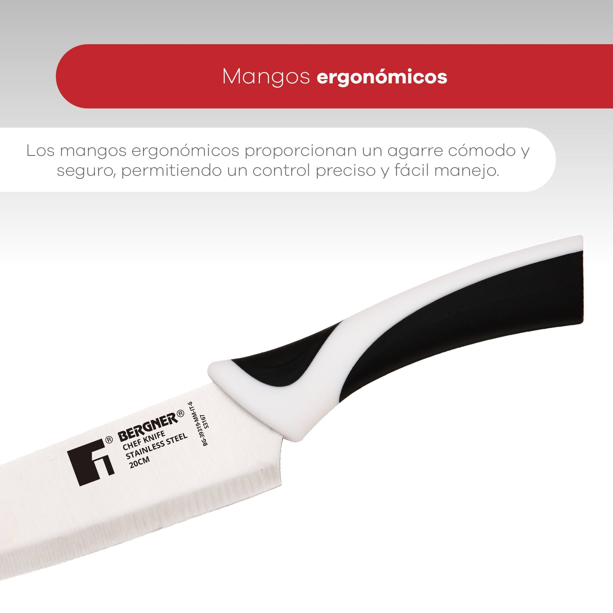 Un cuchillo de chef con mango blanco y negro. El cuchillo está etiquetado como 'BERGNER'. El fondo tiene texto: 'Mangos ergonómicos'.