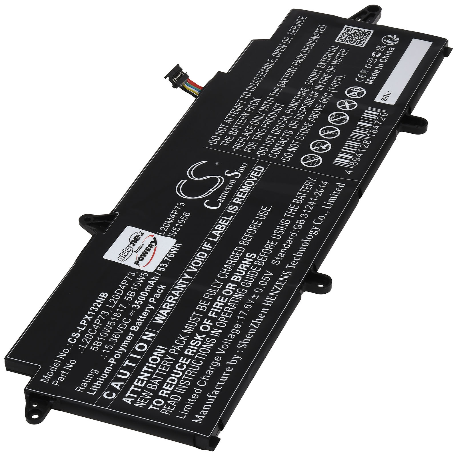 Schwarzer Laptop-Akku mit weißem Text. Enthält Warnungen und Spezifikationen. Es ist ein Modell CS-LPX132NB.