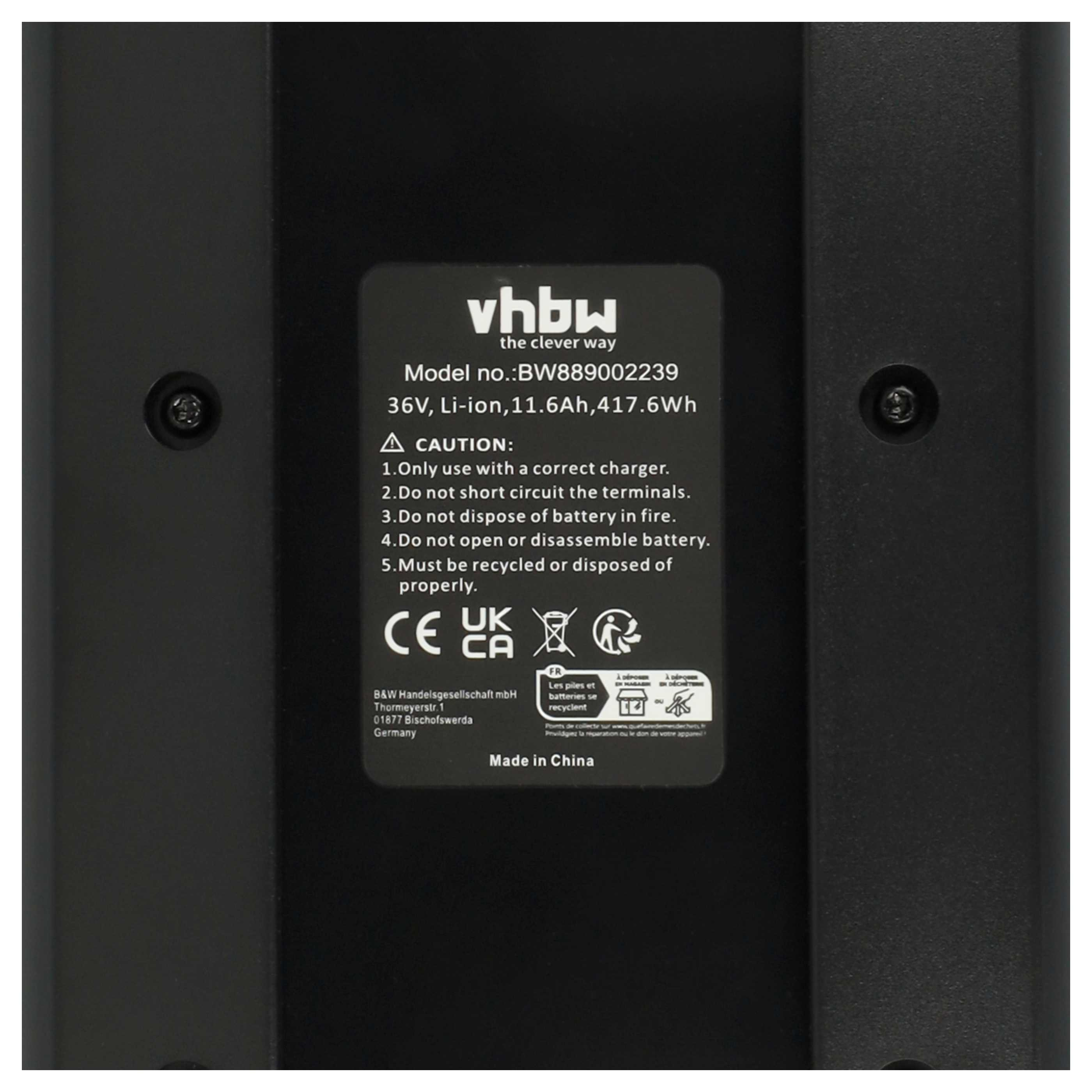 Schwarzes Batterieetikett mit Text, Warnhinweisen und Recyclingsymbolen. Die Marke vhbw ist sichtbar.